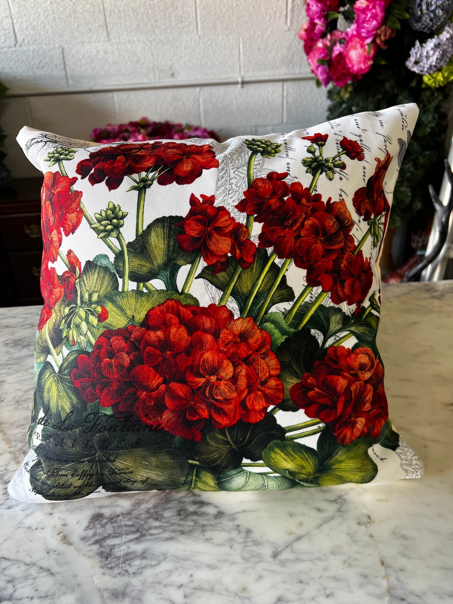 Red geranium, indoor outdoor cushion pillow