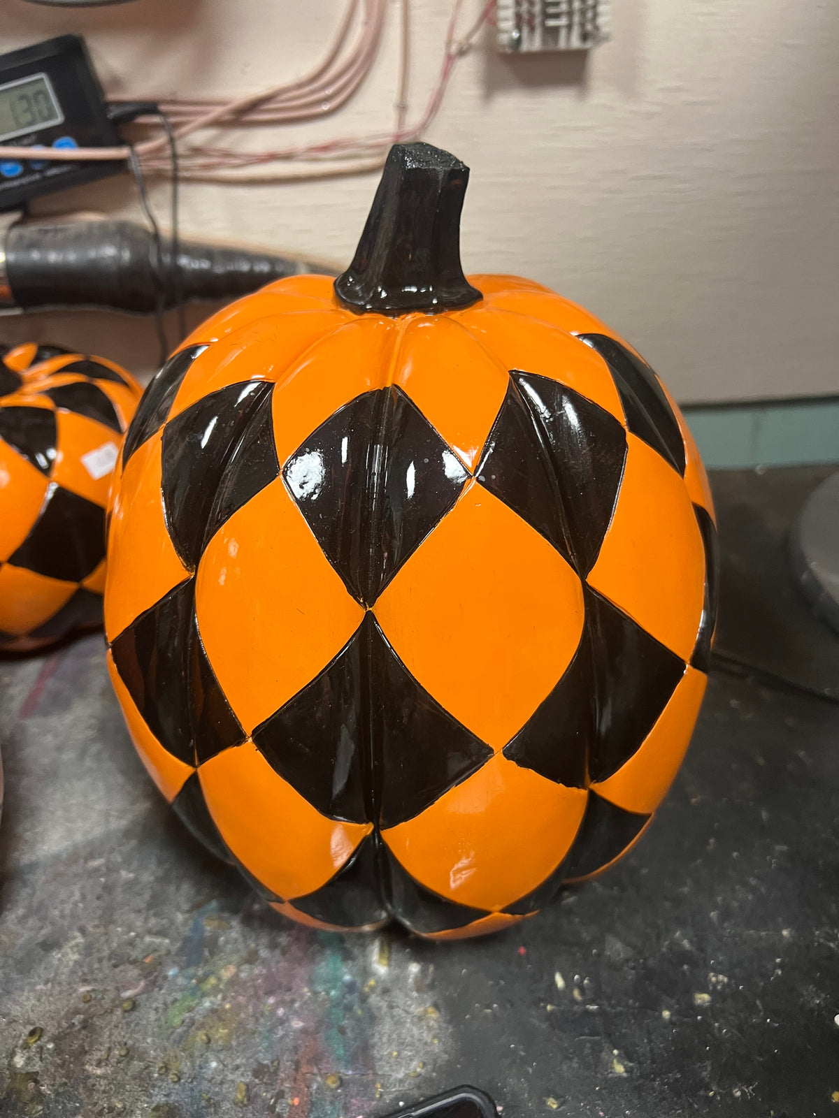 11 in Black & Orange Check Resin Pumpkin