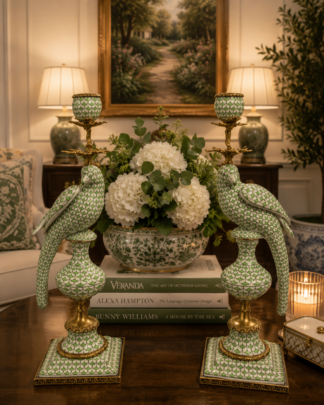 Set of 2 Porcelain Green and White Bird Candle Holder