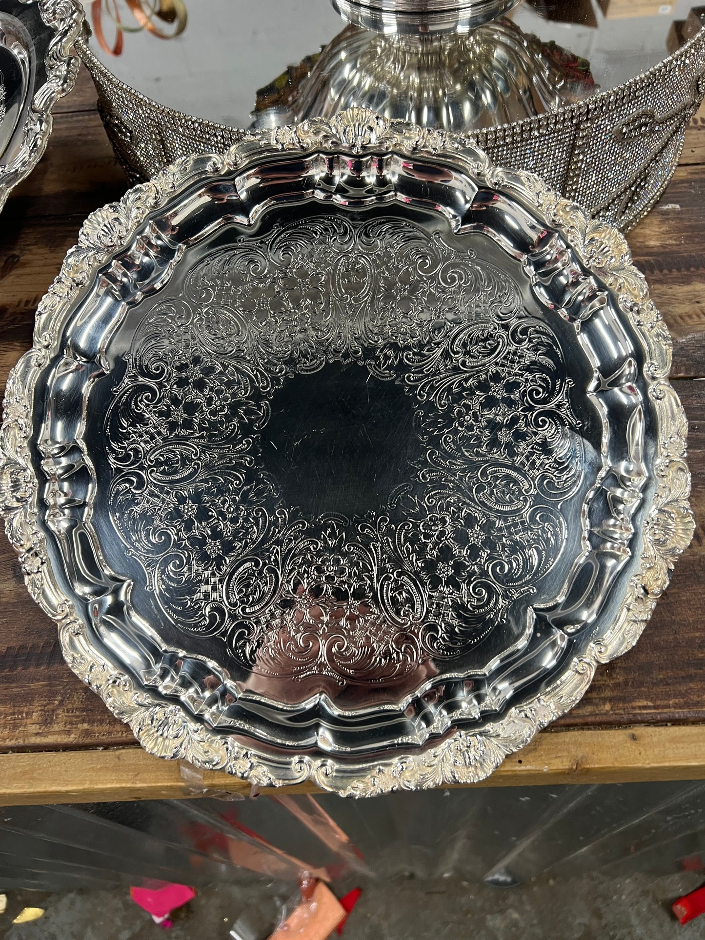 12” Vintage Silver-Plated Round Footed Serving Tray (#1 )
