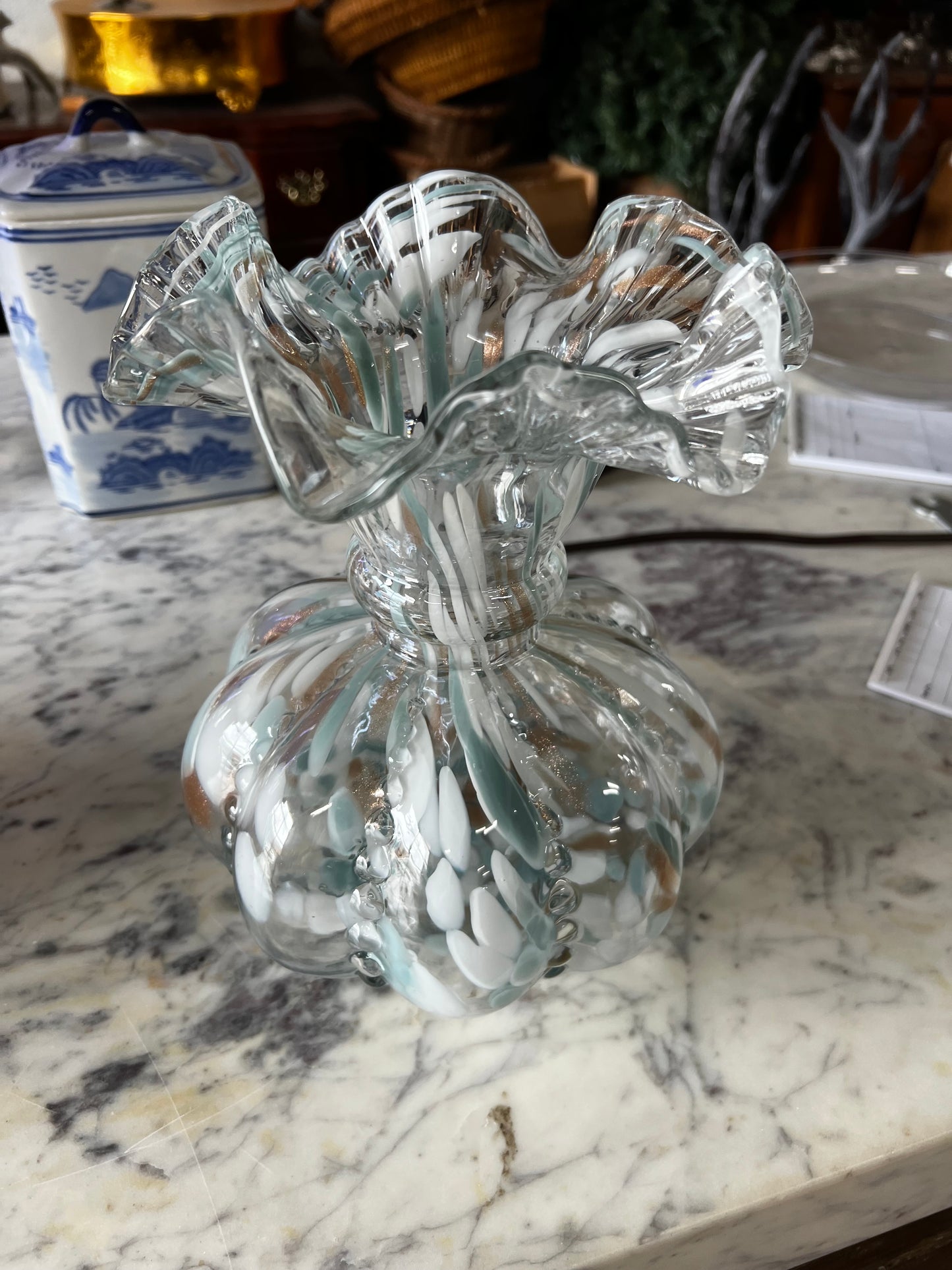 Clear with blue and white accents Ruffled Vase