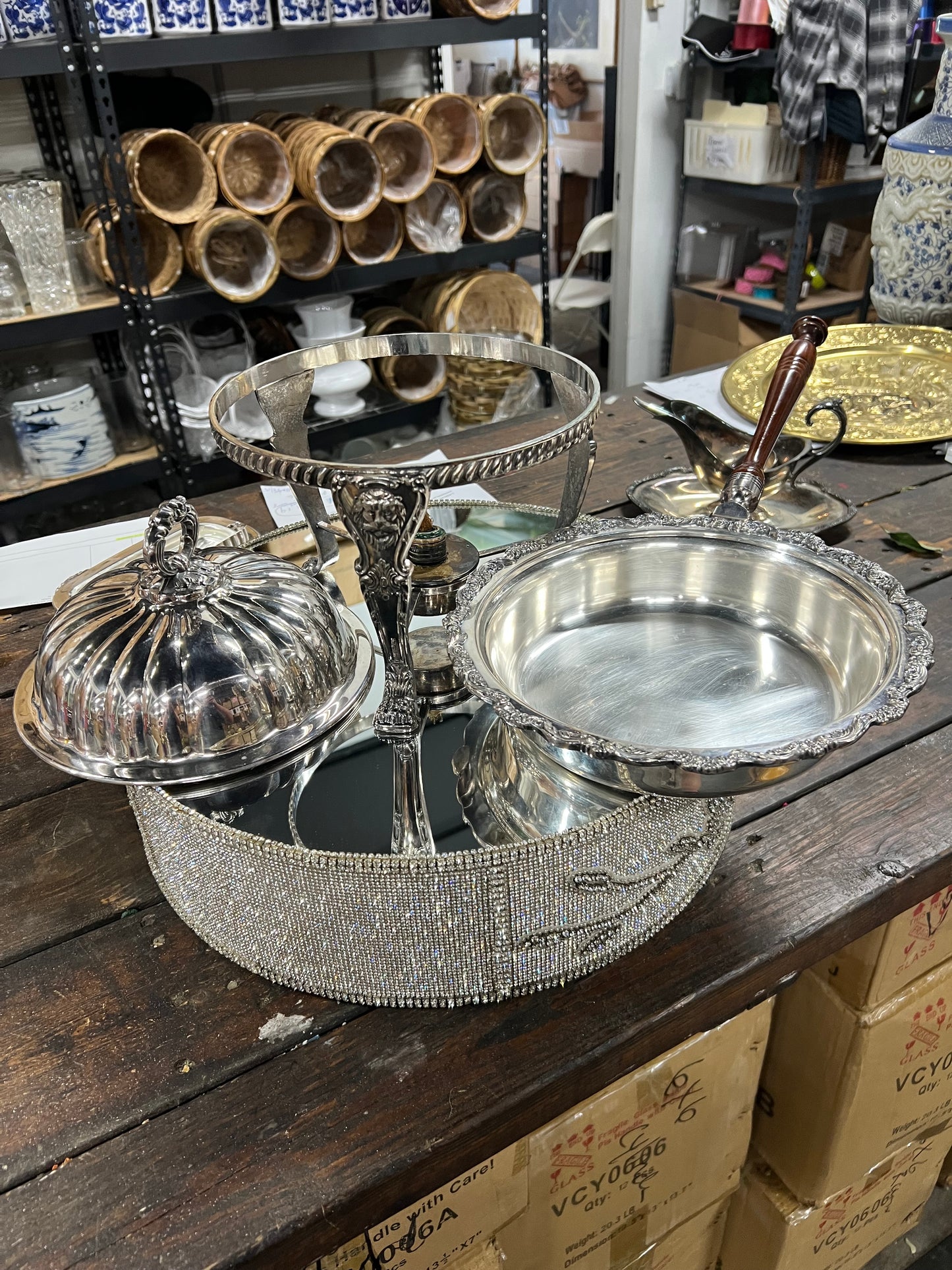 Vintage Silver-Plated Chaffing Stand, Burner, Pan with Wood Handle