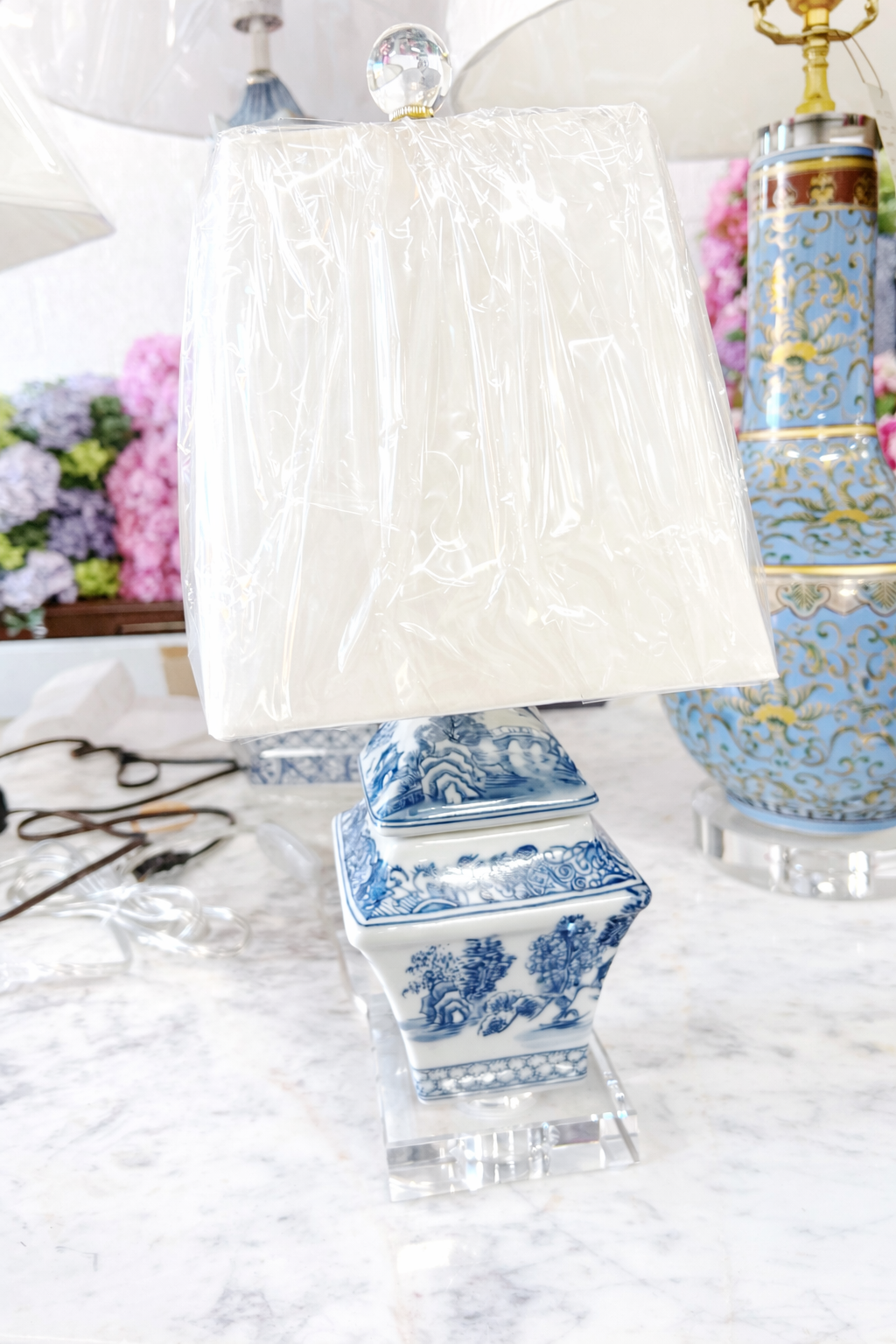 Blue and White Square Lamp with Acrylic base.