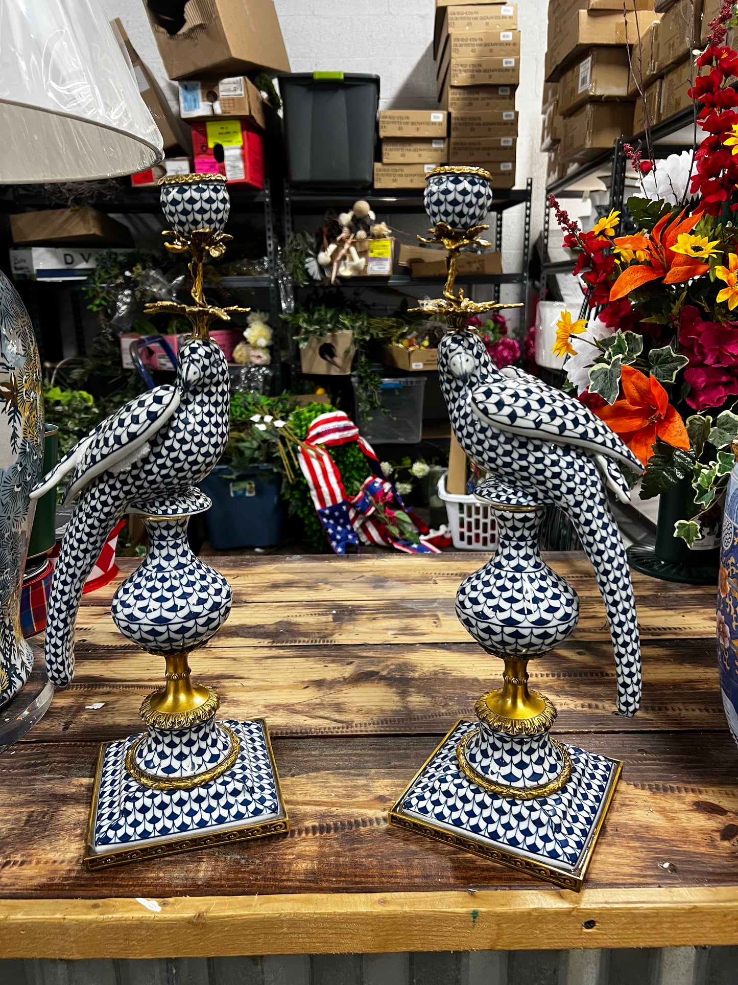 Set of 2 Porcelain Blue and White Bird Candle Holder