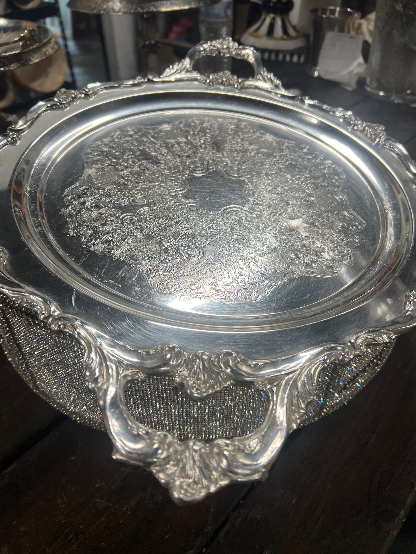 Vintage Heavy Silver Plated Platter with handles and feet