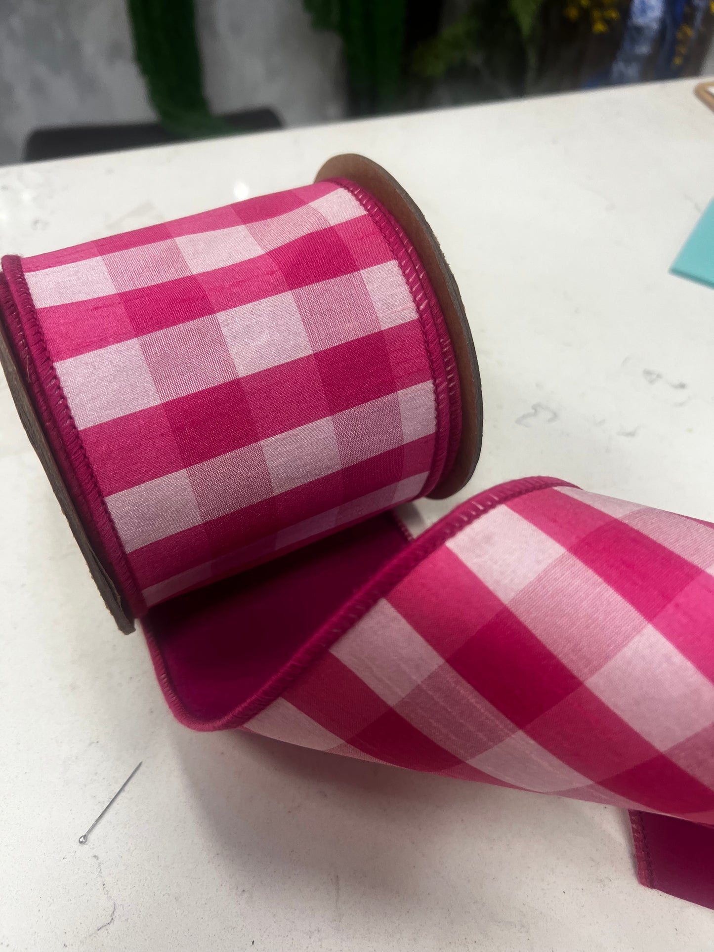 Hot pink medium check wired edge ribbon