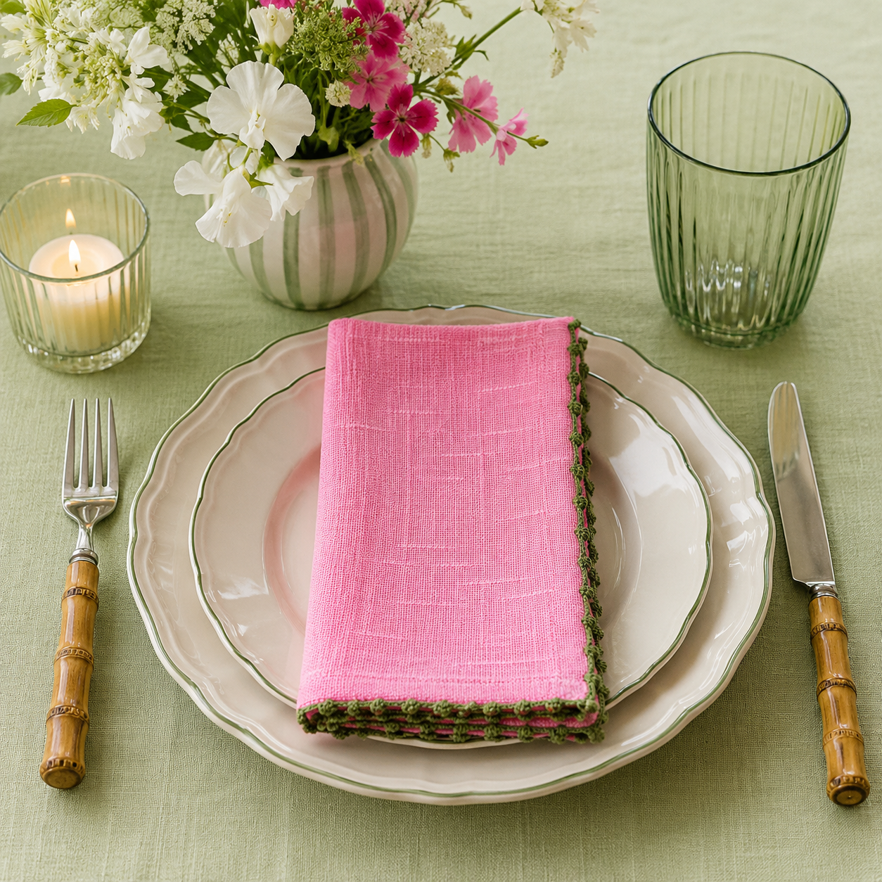 Knotted Edge Berry Cotton Napkin Olive Trim