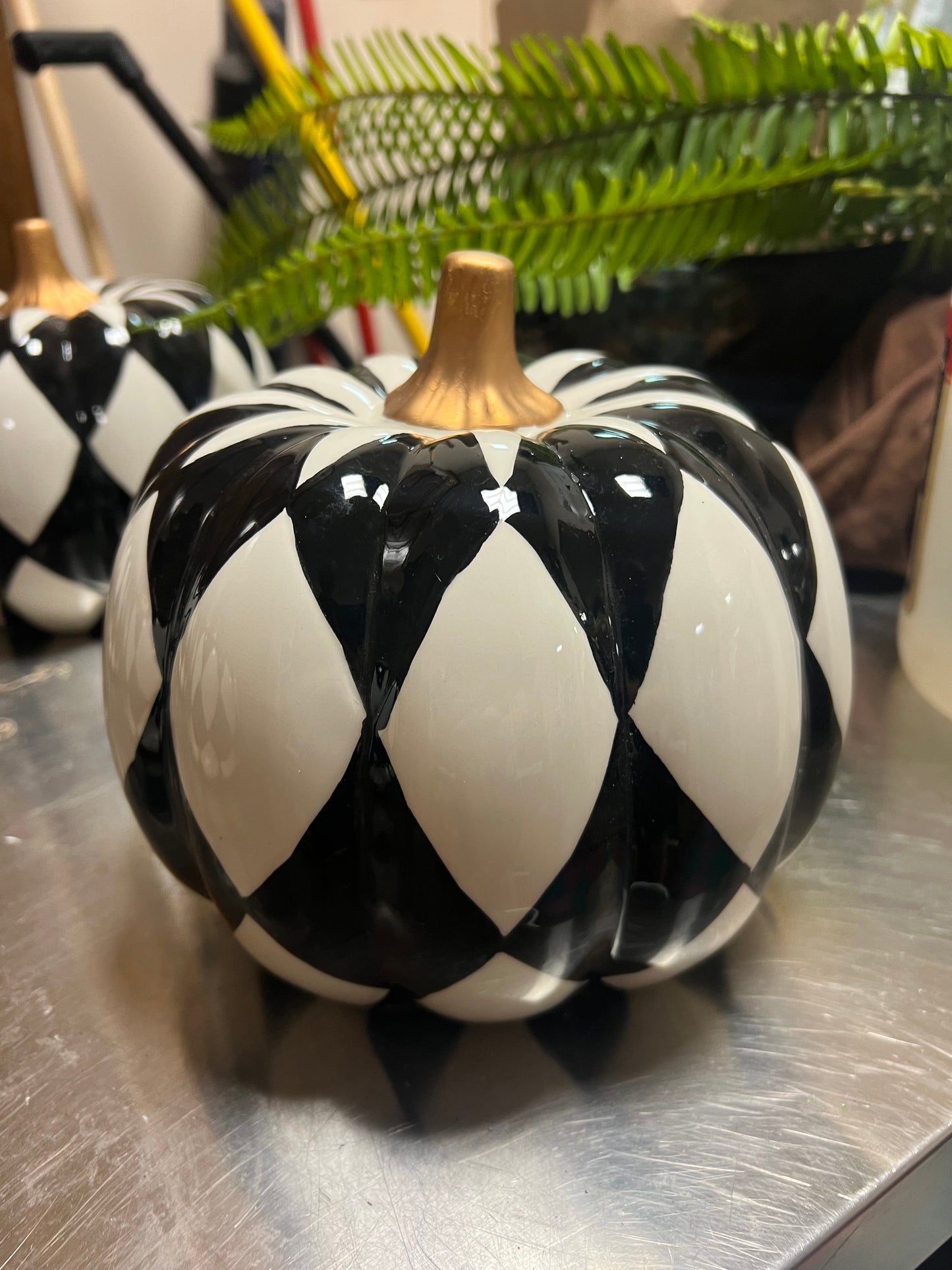 7in Black & White Ceramic Pumpkin with Bronze Stem. 