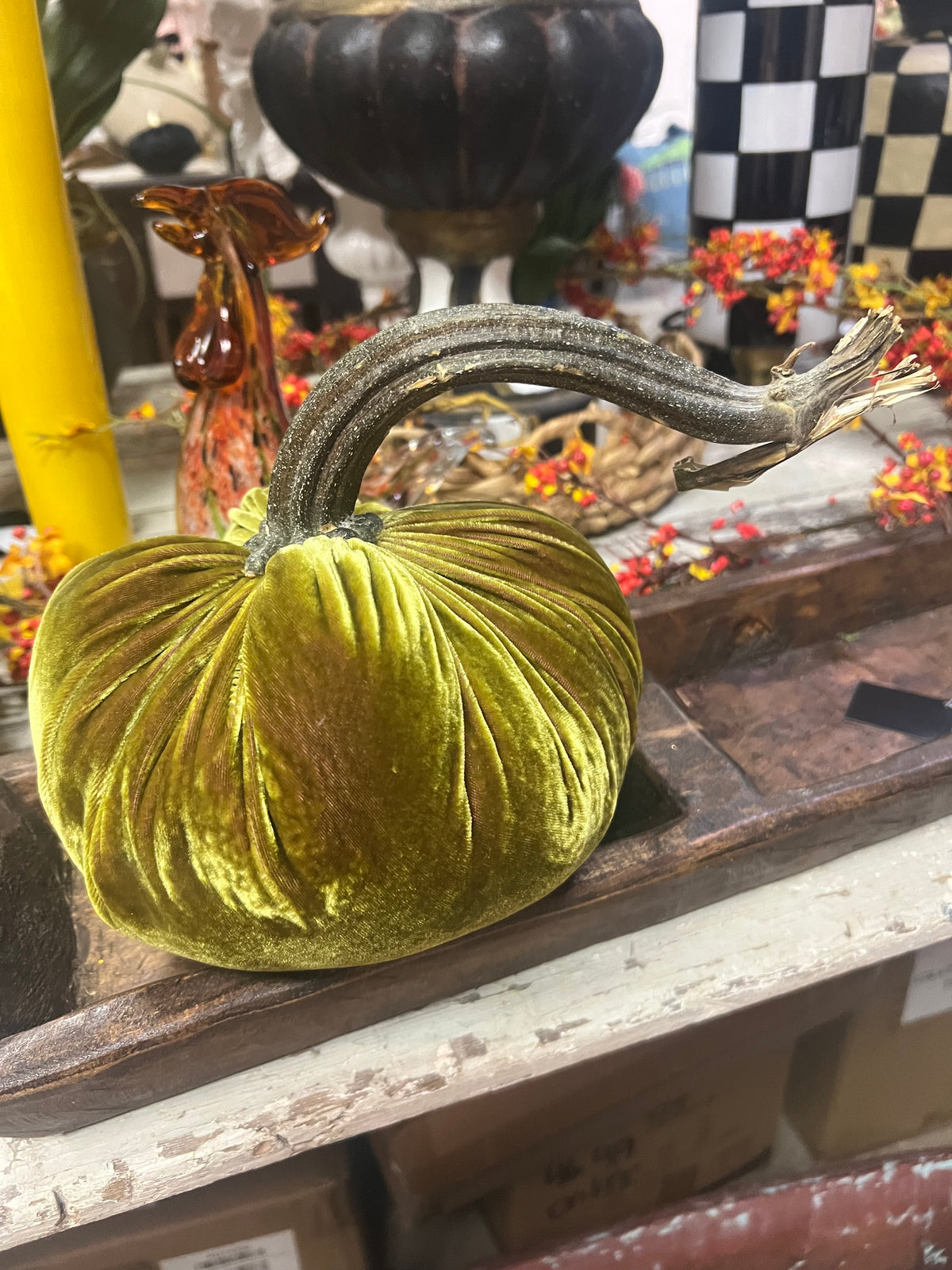 8 in DIA Olive Green Velvet Bean Weighted Pumpkin with Real Pumpkin Stalk (each stalk will very in size and shape)