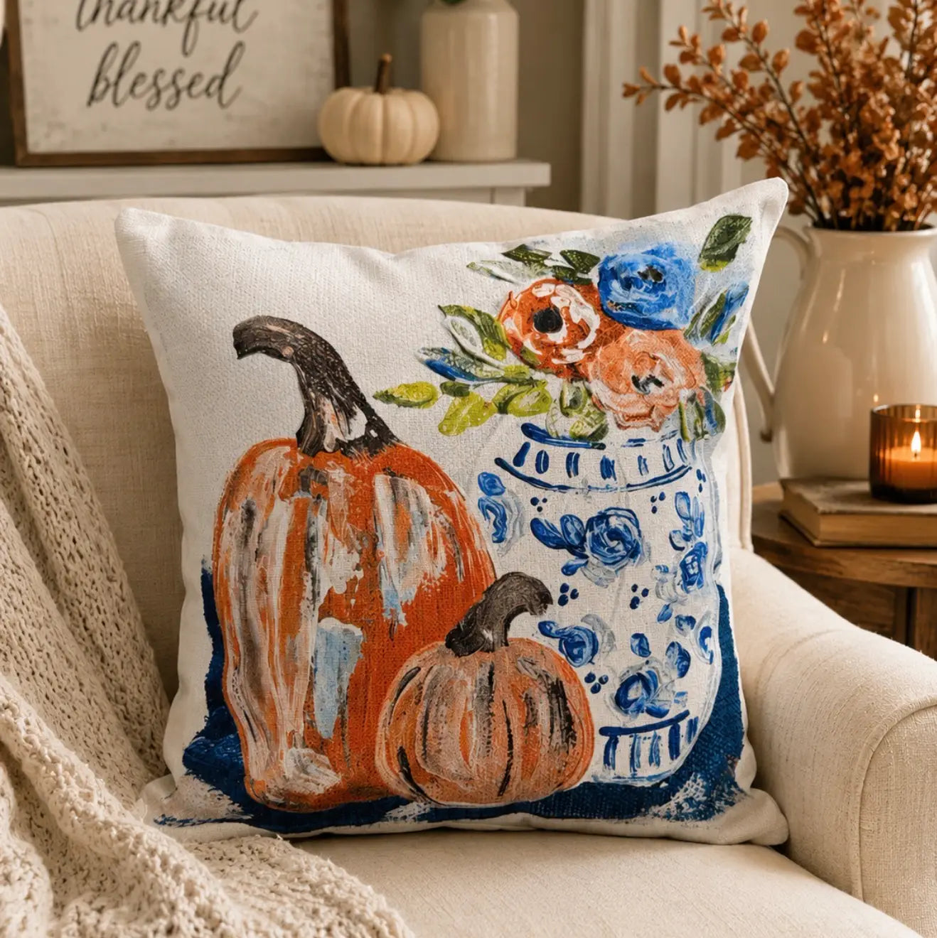 Chinoiserie Vase and Pumpkin Pillow