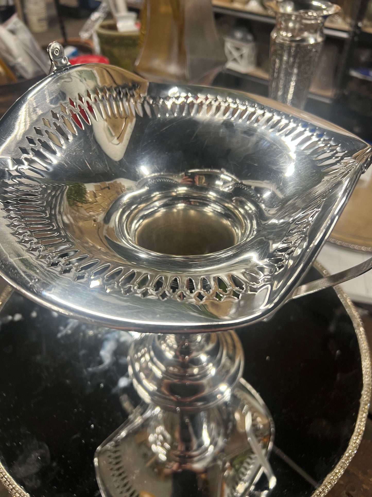 Vintage Silver-Plated Pedestal Bridal Basket with Handle Vase