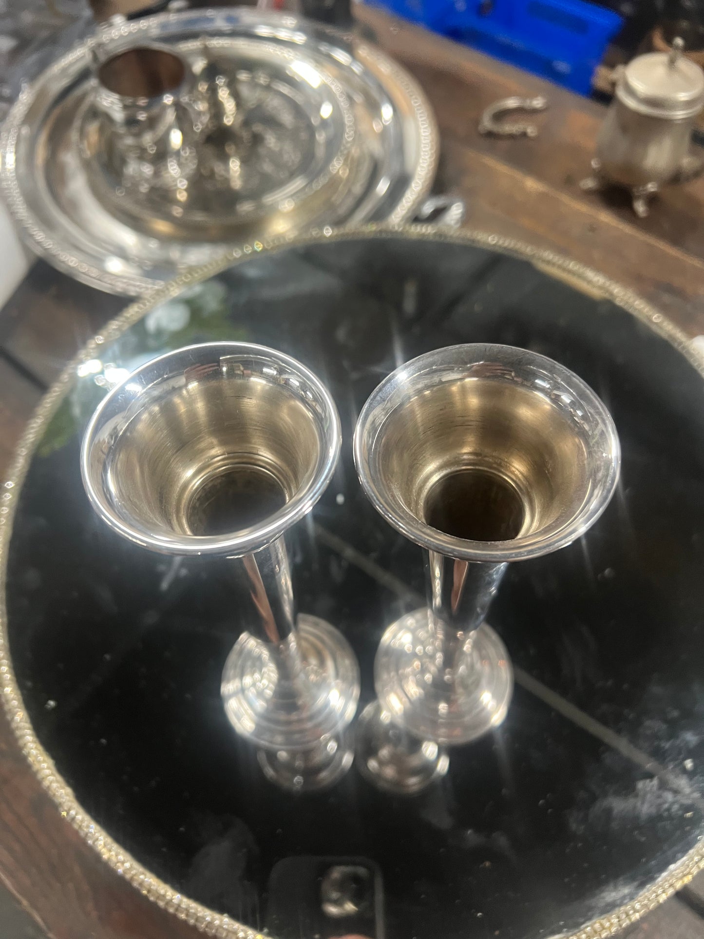 7 1/2” Set of 2 Vintage Silver-Plated Trumpet Vase