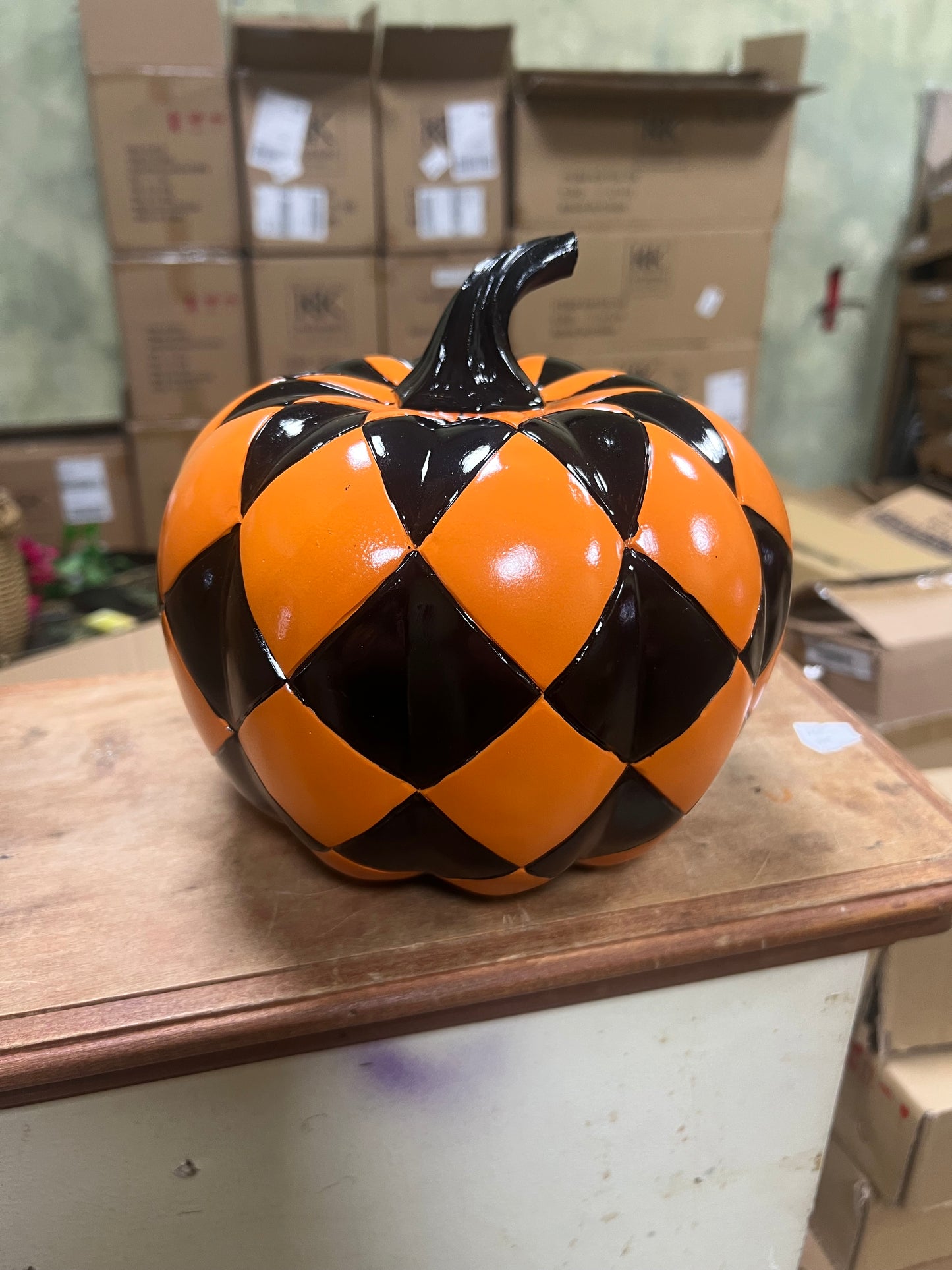 7.75 in Orange & Black Check Resin Pumpkin