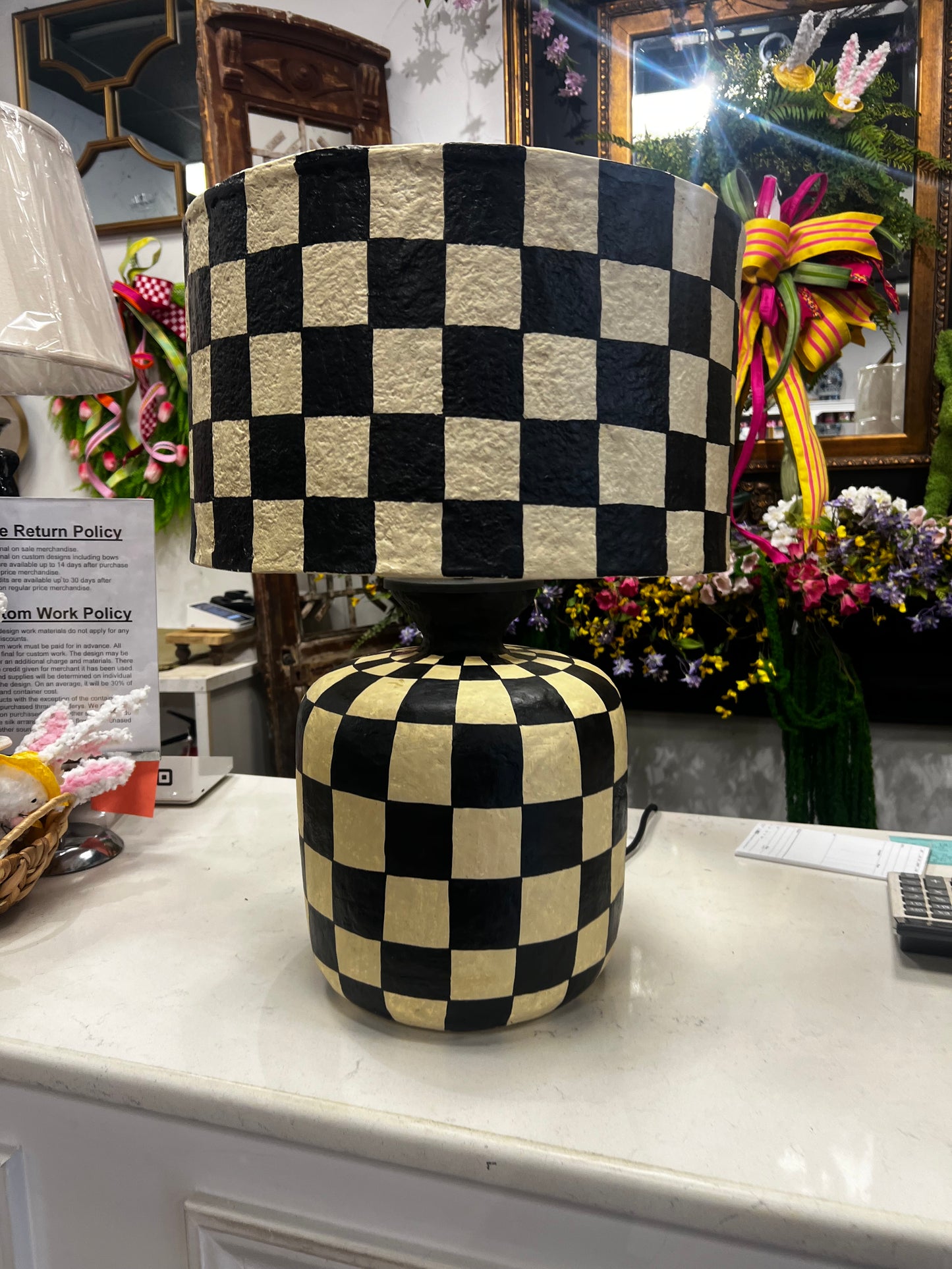 Black and white paper, papier-mâché, checkered lamp