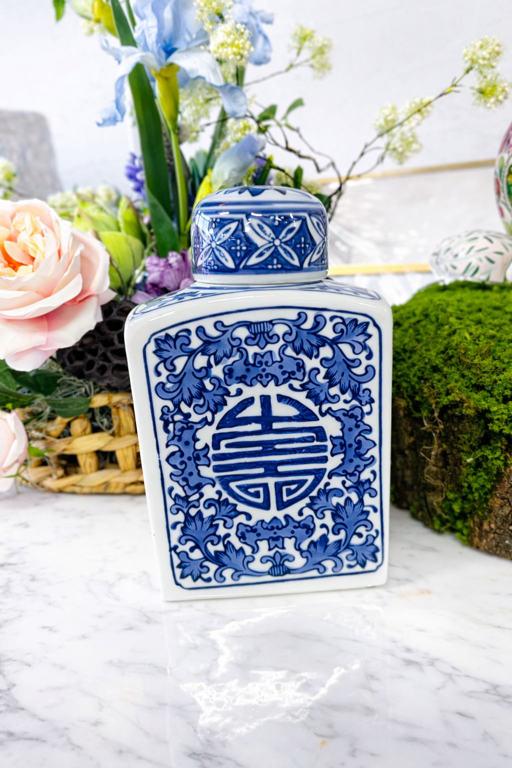 Blue and White Rectangular Lidded Jar
