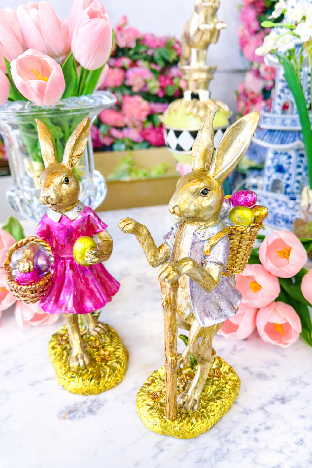 Resin vintage boy, girl, bunny set