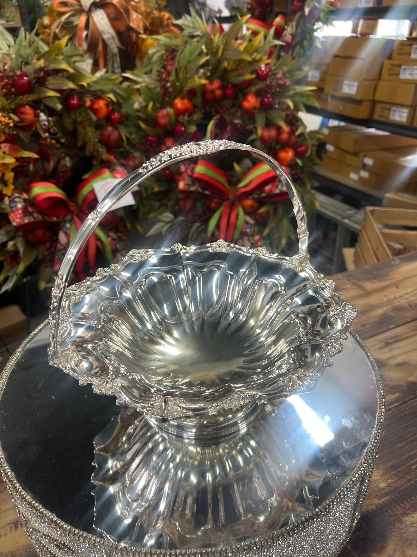 Vintage Silver-Plated Basket With Handle (11in DIA)