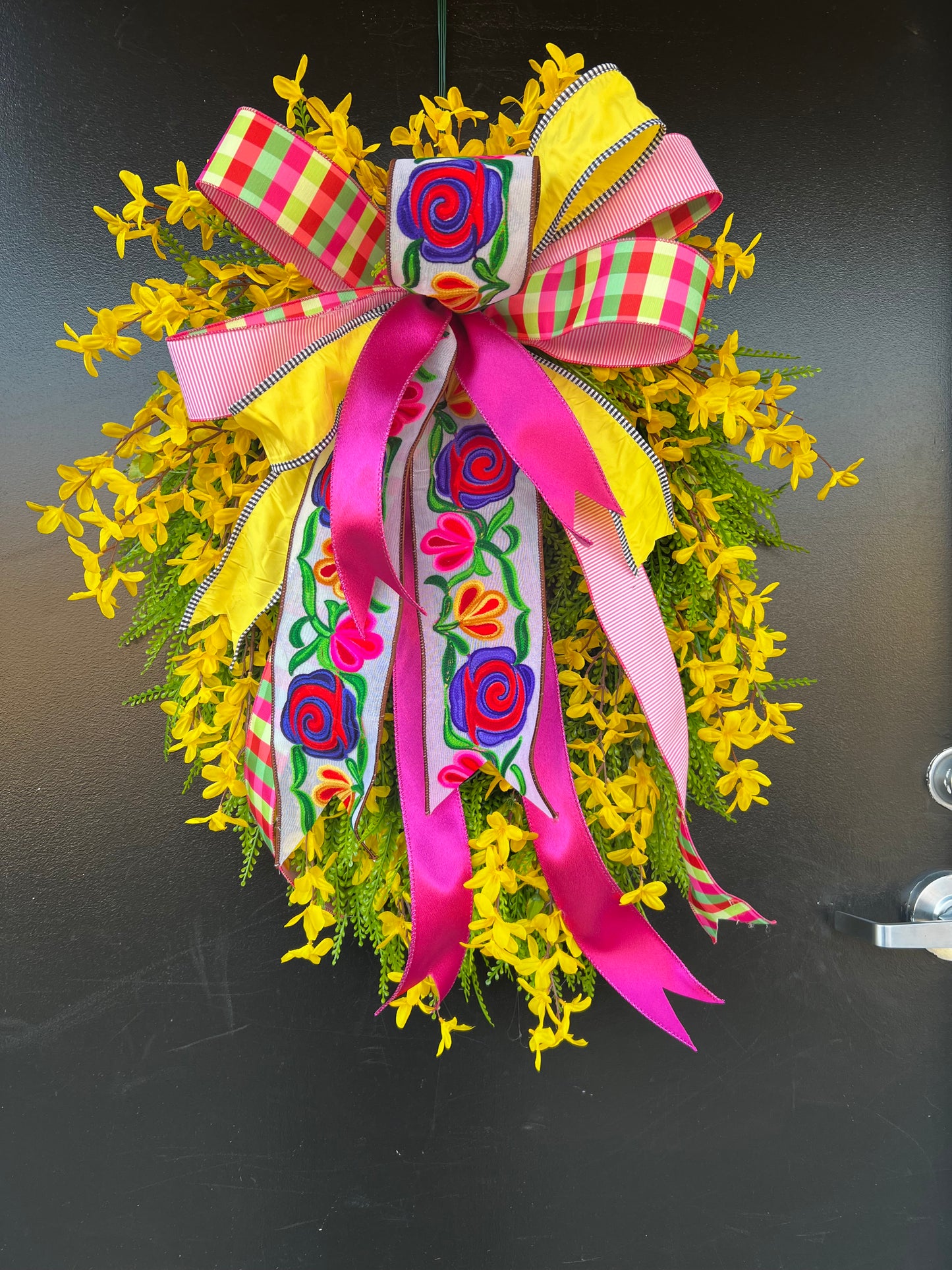 Forsythia on beaded grass wreath
