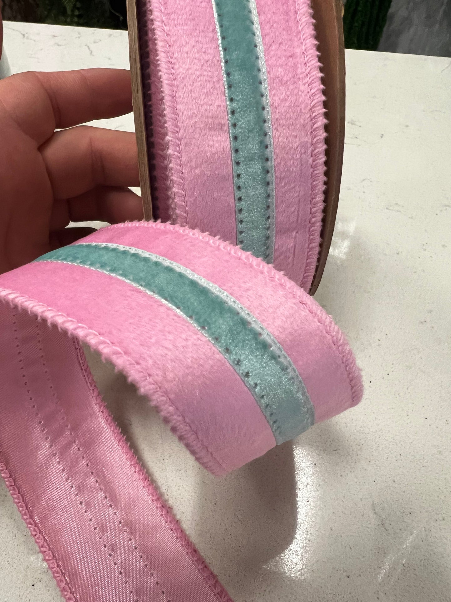Pink with blue trim, velvet, wired edge ribbon