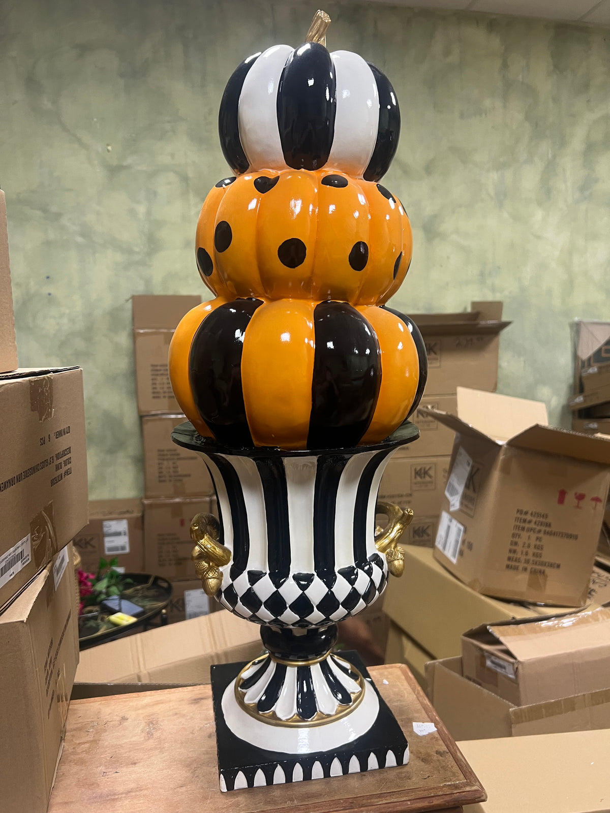 Orange, Black & White Resin Pumpkin Topiary