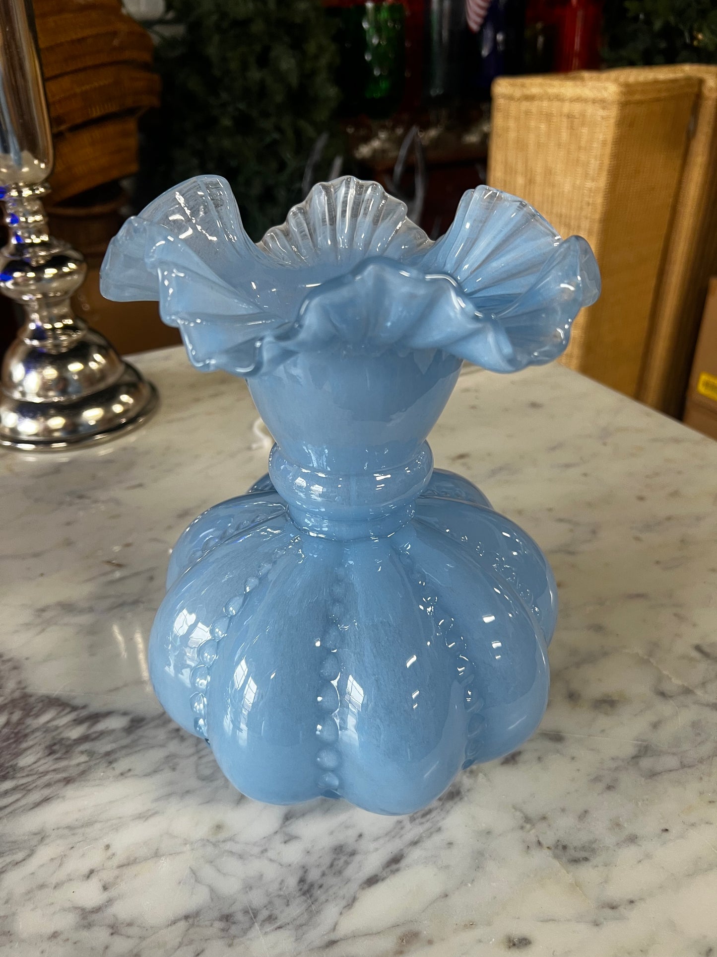 Ruffled Light Blue Glass Vase