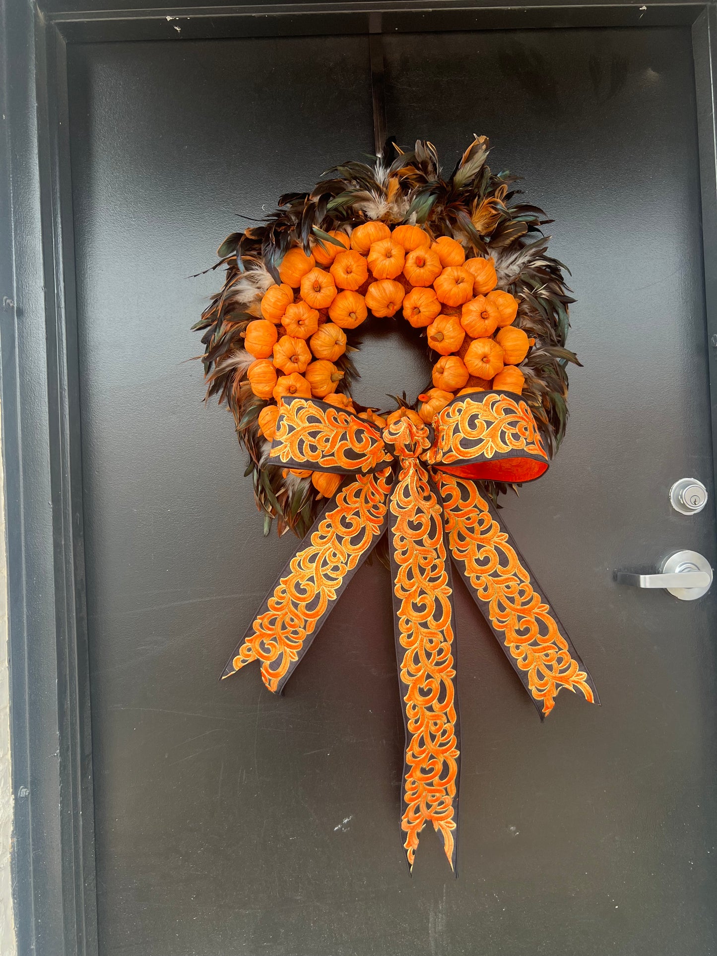Indoor Feather and Pumpkin Wreath