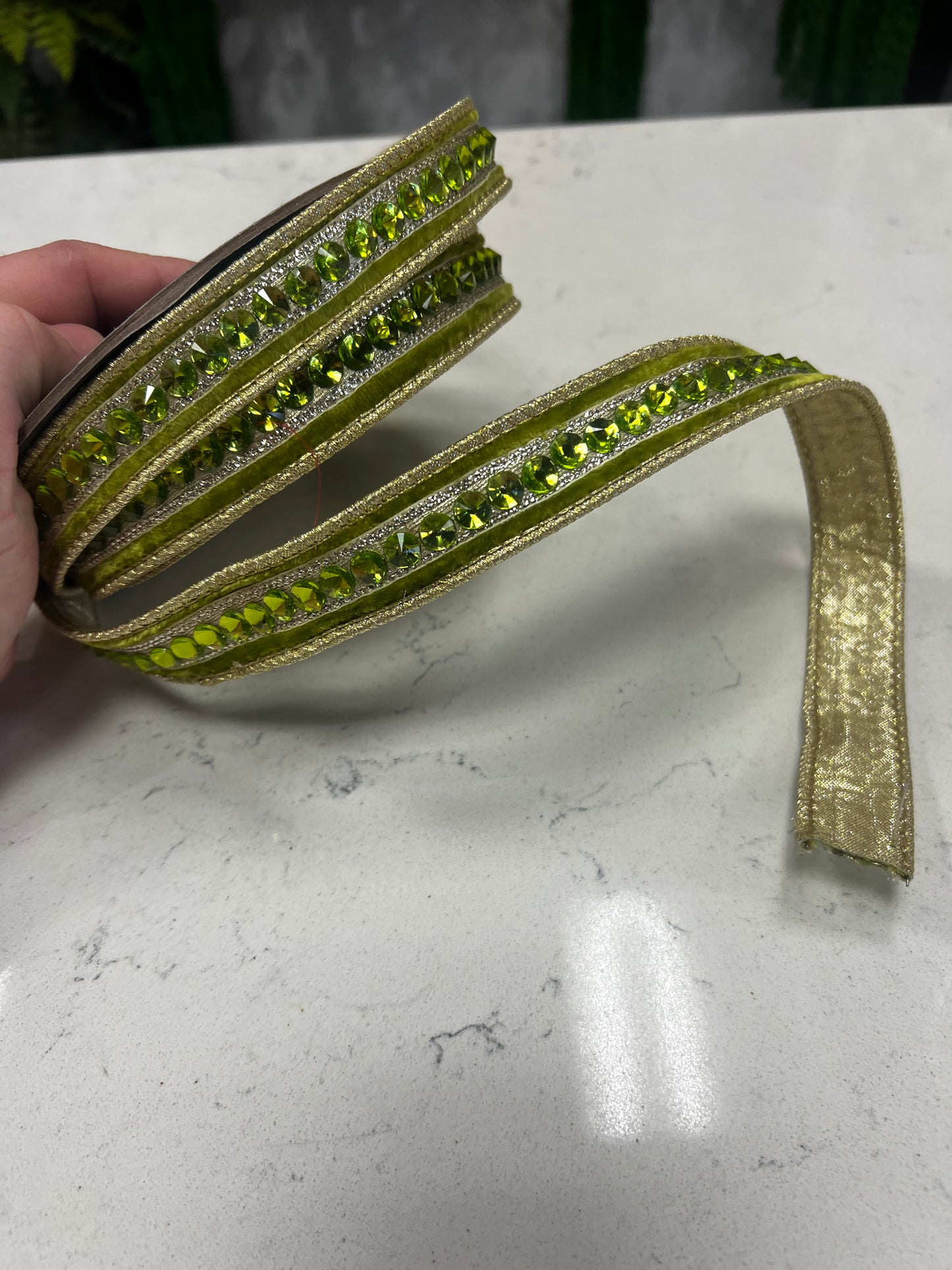 Lime Green Jeweled center Plush velvet, metallic backing wired ribbon