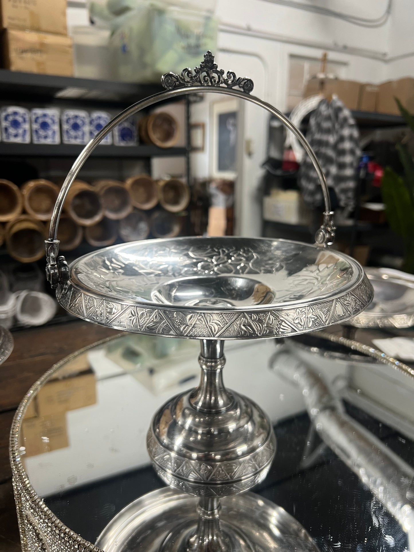 Vintage Silver-Plated Bridal basket with handle 1