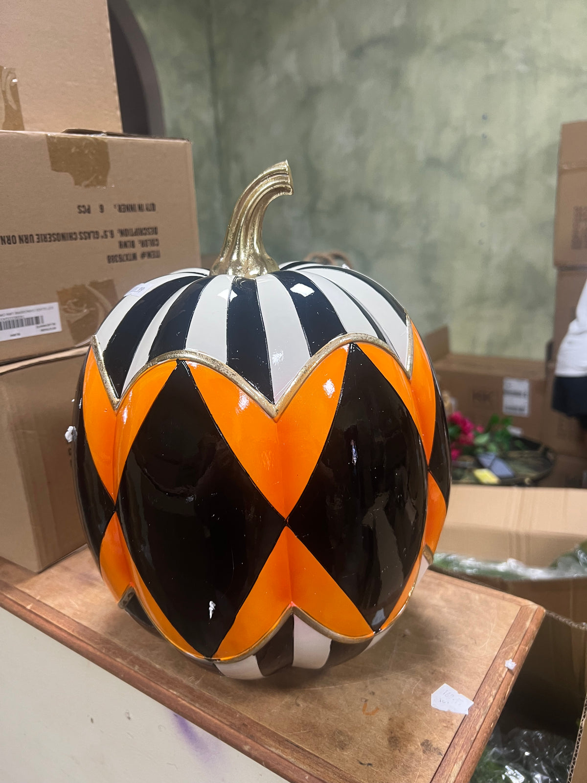 12.5 in Black & White Striped with Orange & Black Check Resin Pumpkin