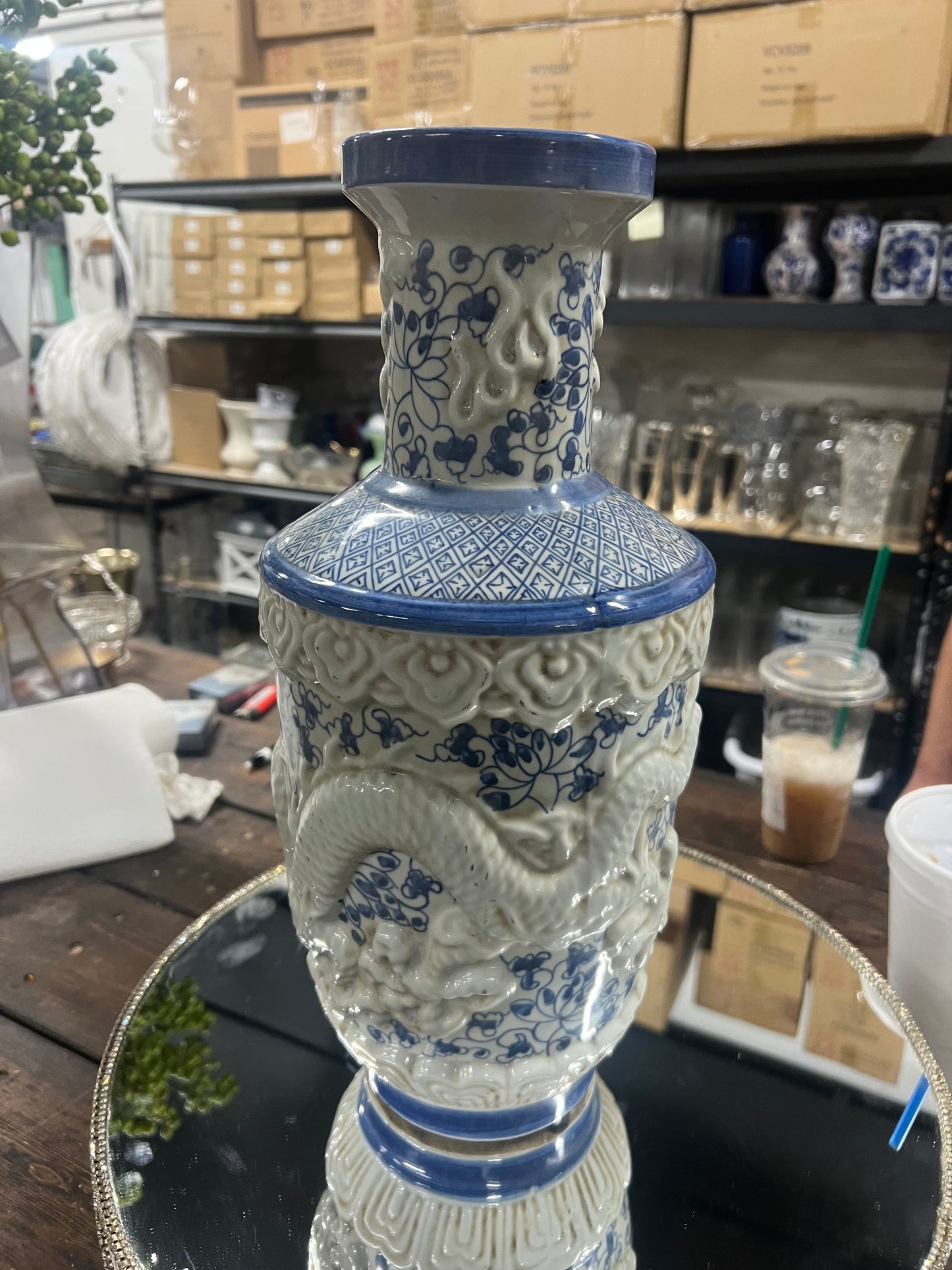 Vintage Authentic Embossed Blue and White Dragon Vase