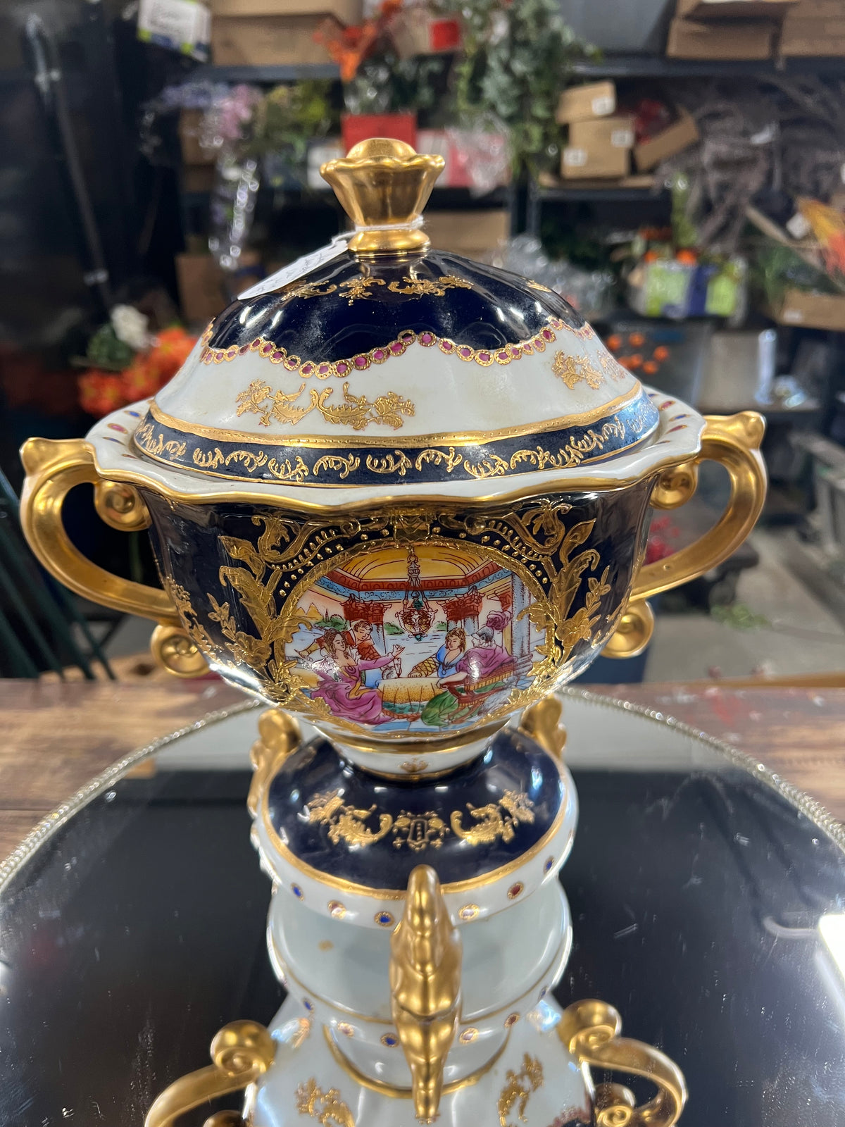 Vintage Cobalt Blue & Gold Urn with Lid