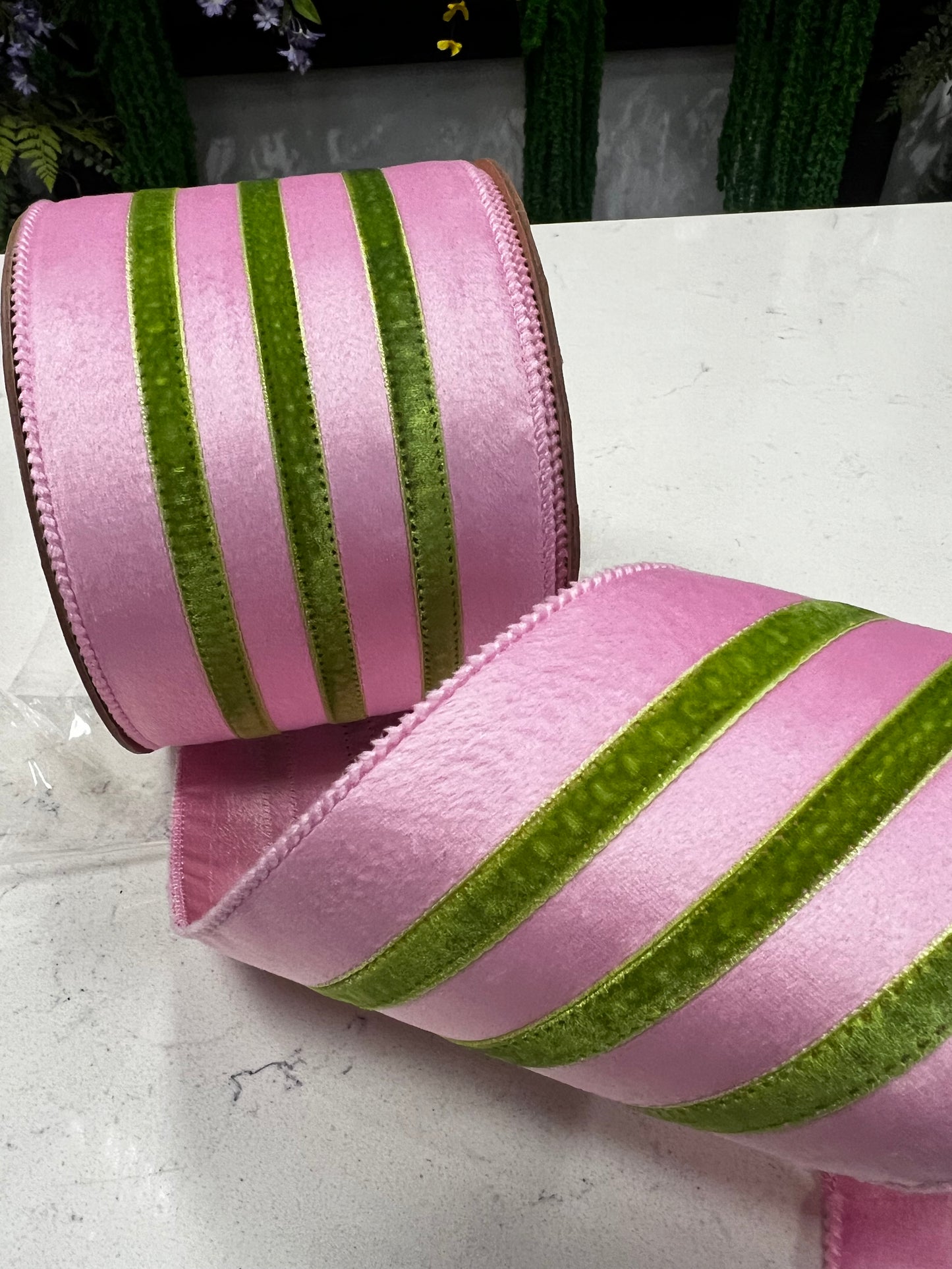 Pink with Green Trim Velvet Wired Edge Ribbon