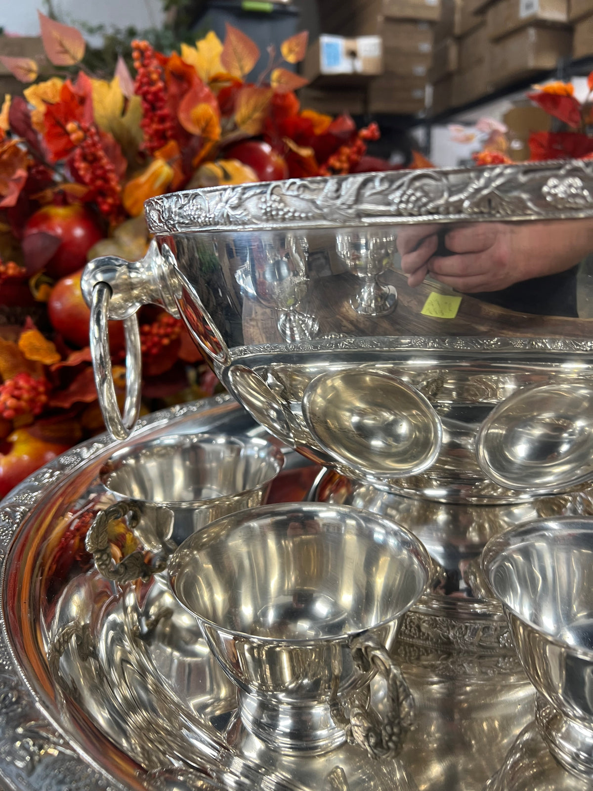 Vintage Silver-Plated Punchbowl with 12 Cups, Tray and Ladle