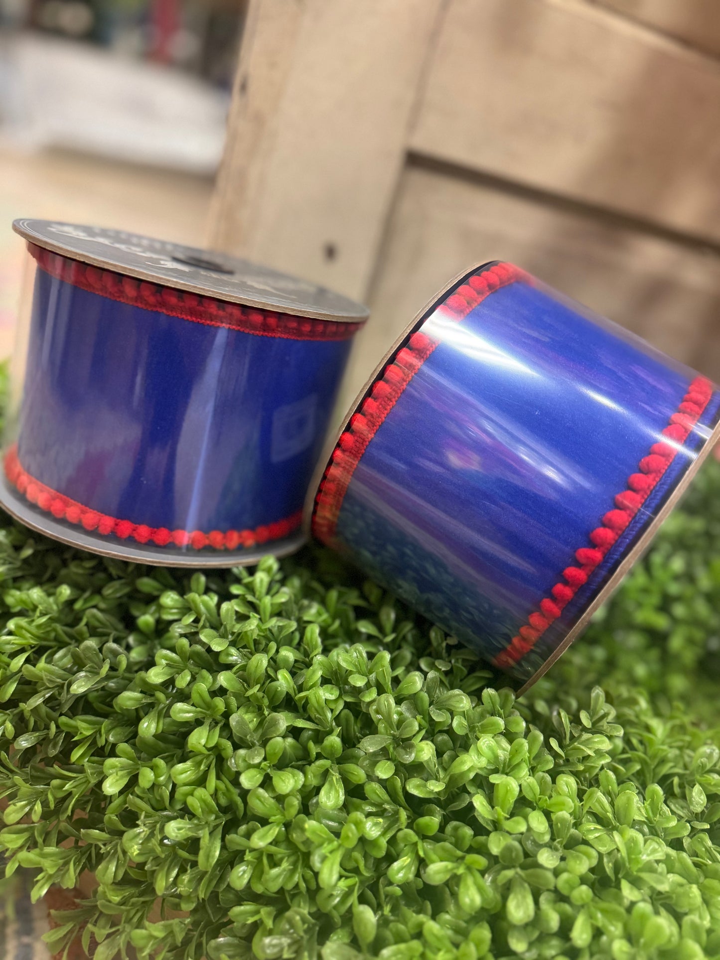4” Red & Royal POM POM Edge Roll of Ribbon