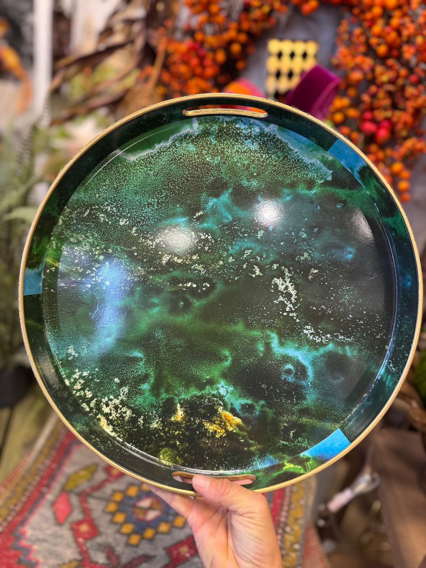 SET OF 2 - Decorative Cosmic Green & Gold Round Nesting Tray