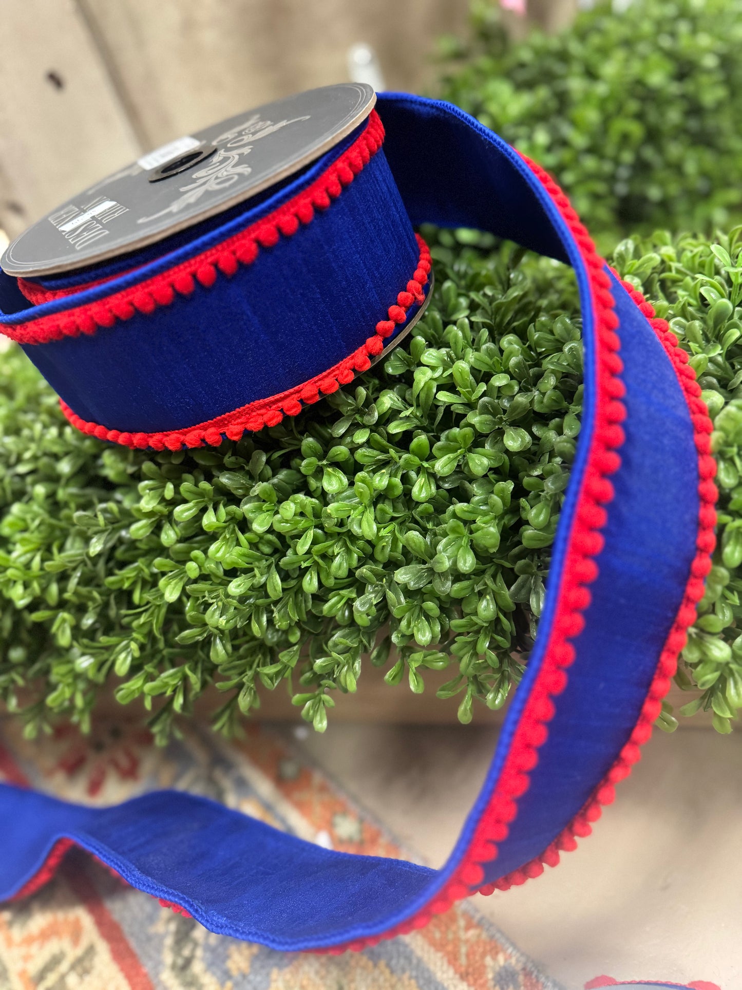 2.5” Red & Royal POM POM Edge Roll of Ribbon
