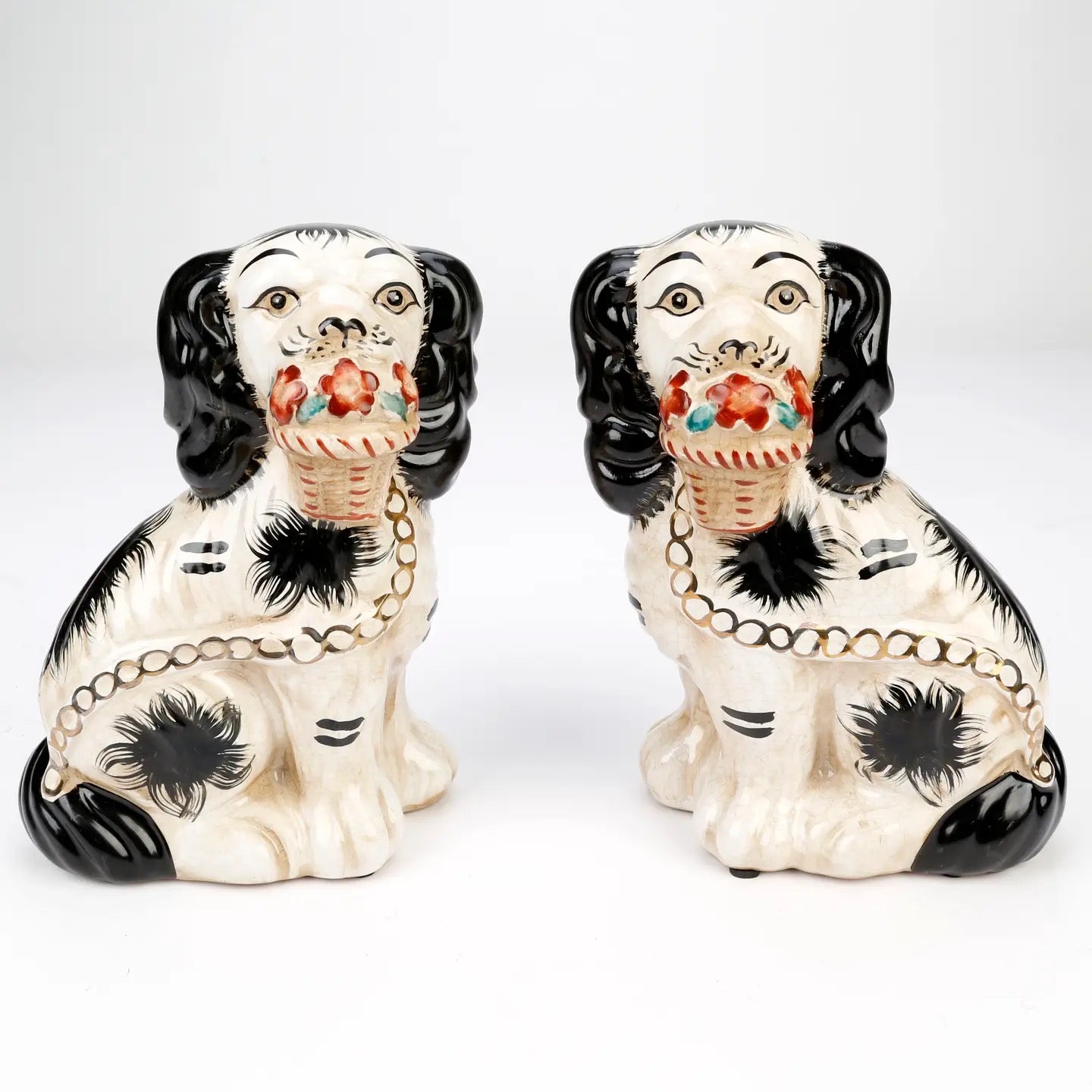 Flower Basket Staffordshire Dogs Black and White Set of 2