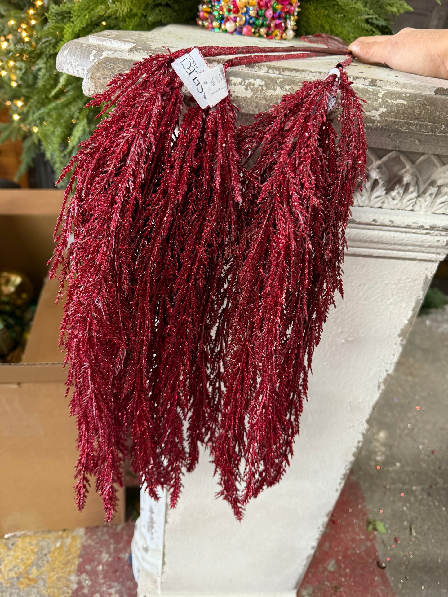 33” Red Glittered Hanging Amaranthus Stem