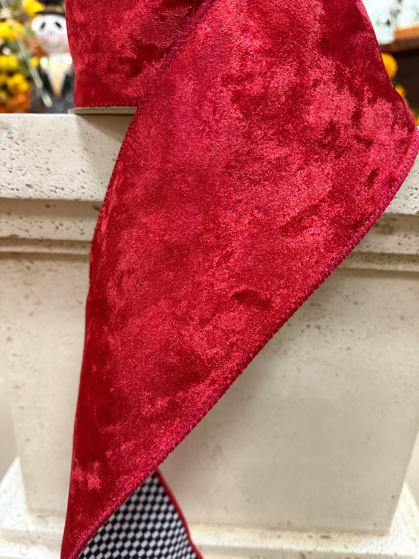 4” Wired Velvet Red with Black WhitCheck Backing Ribbon