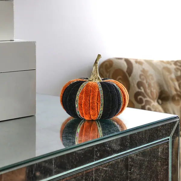 Orange & Black 6” Jeweled Velvet Pumpkin