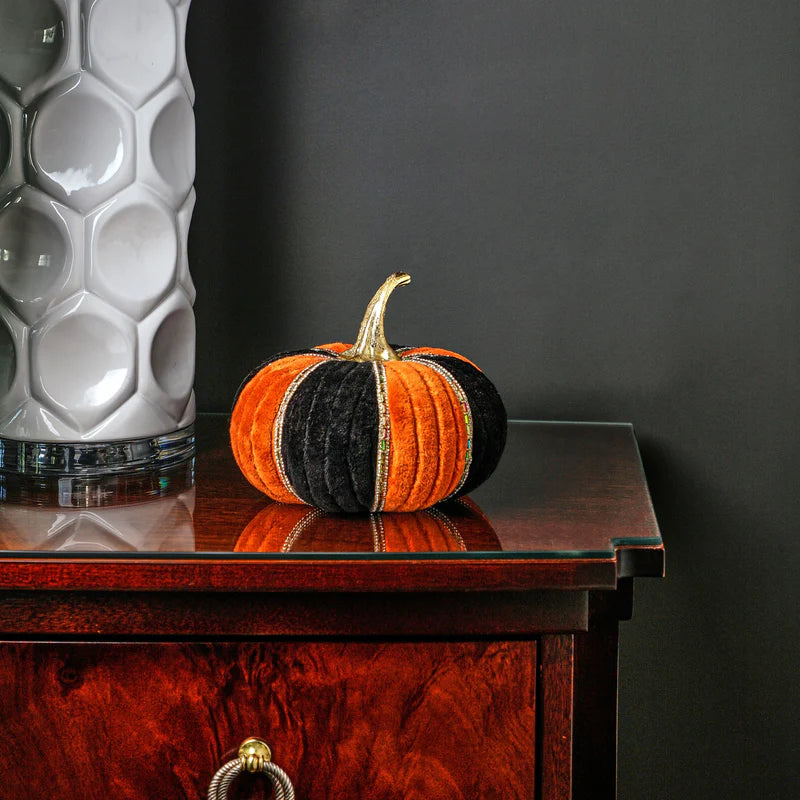 Orange & Black 8” Jeweled Velvet Pumpkin
