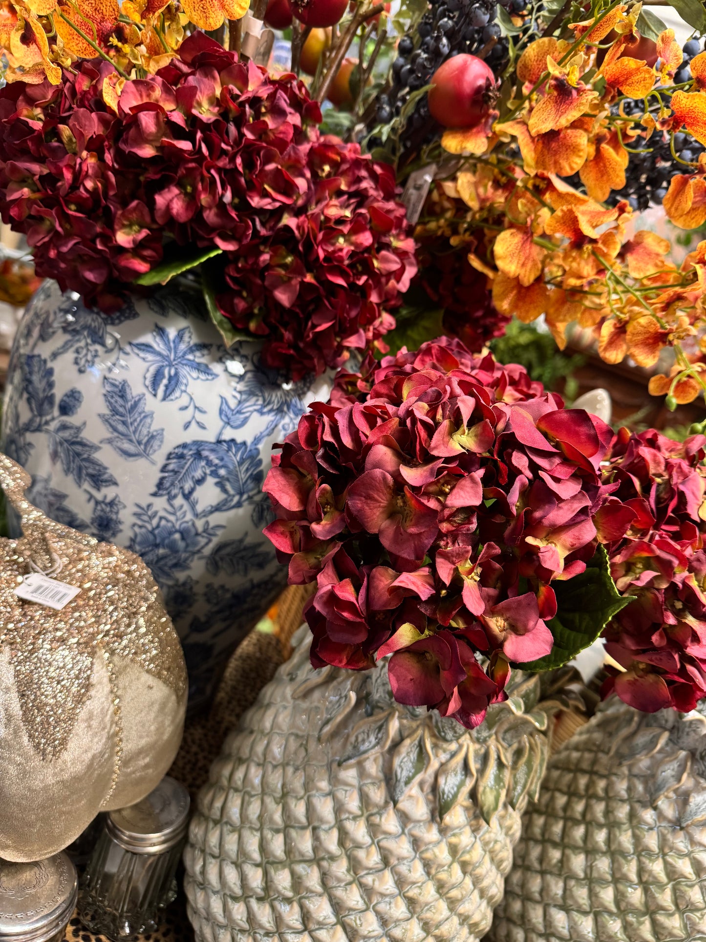 18” Red Burgundy Green Hydrangea Stem - Real Touch