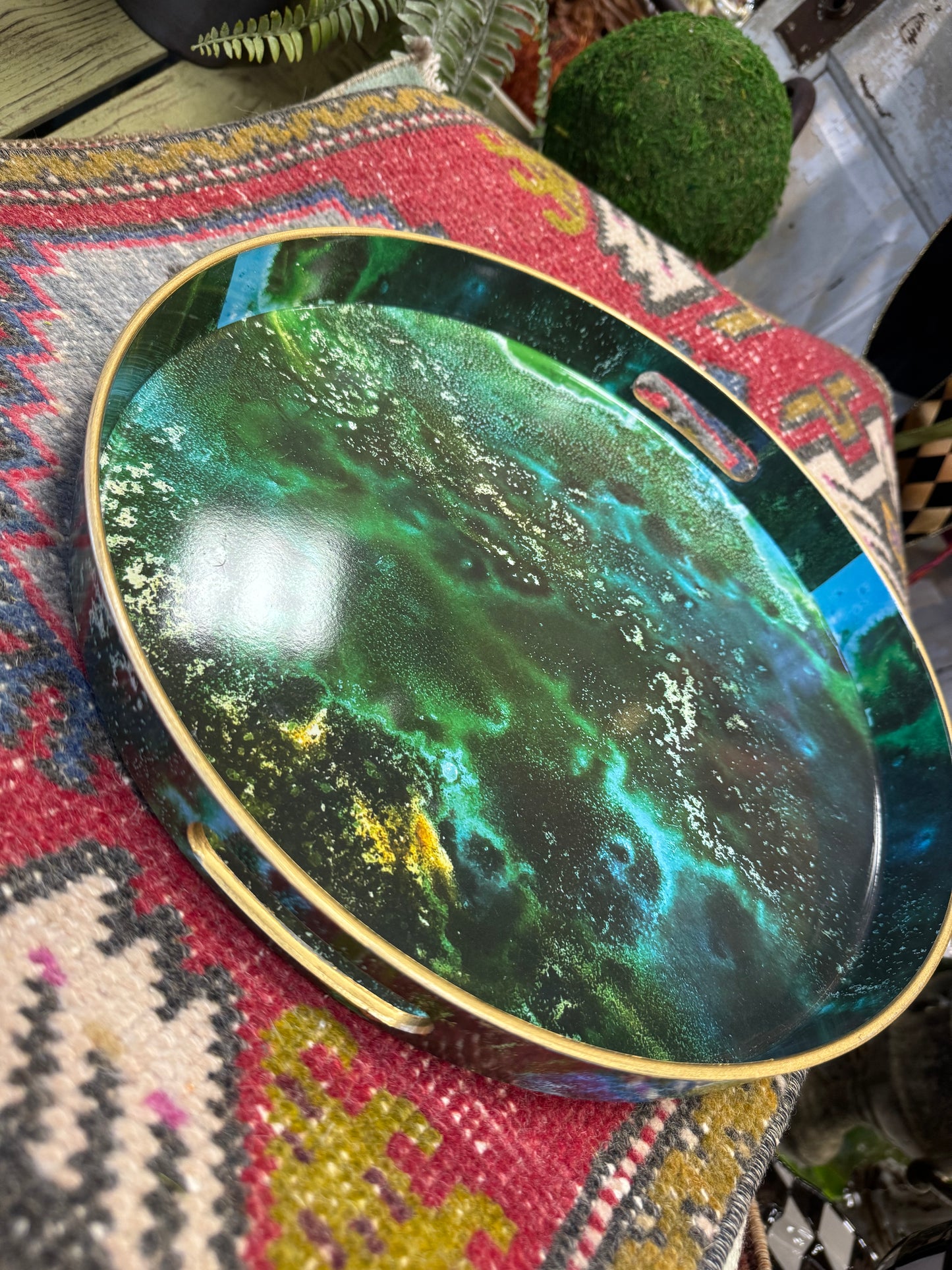 SET OF 2 - Decorative Cosmic Green & Gold Round Nesting Tray