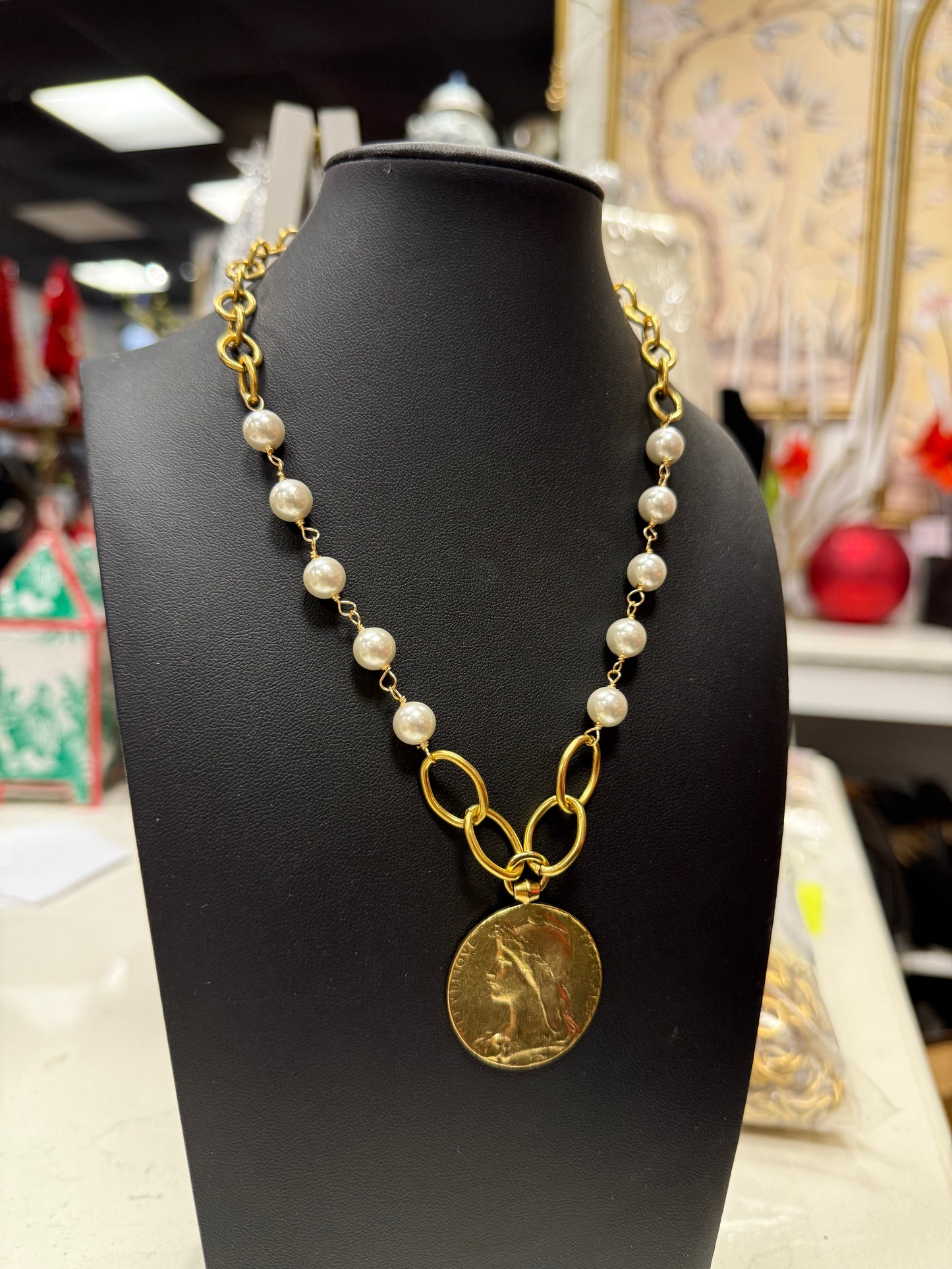 Gold - Pearl Chain Coin Necklace