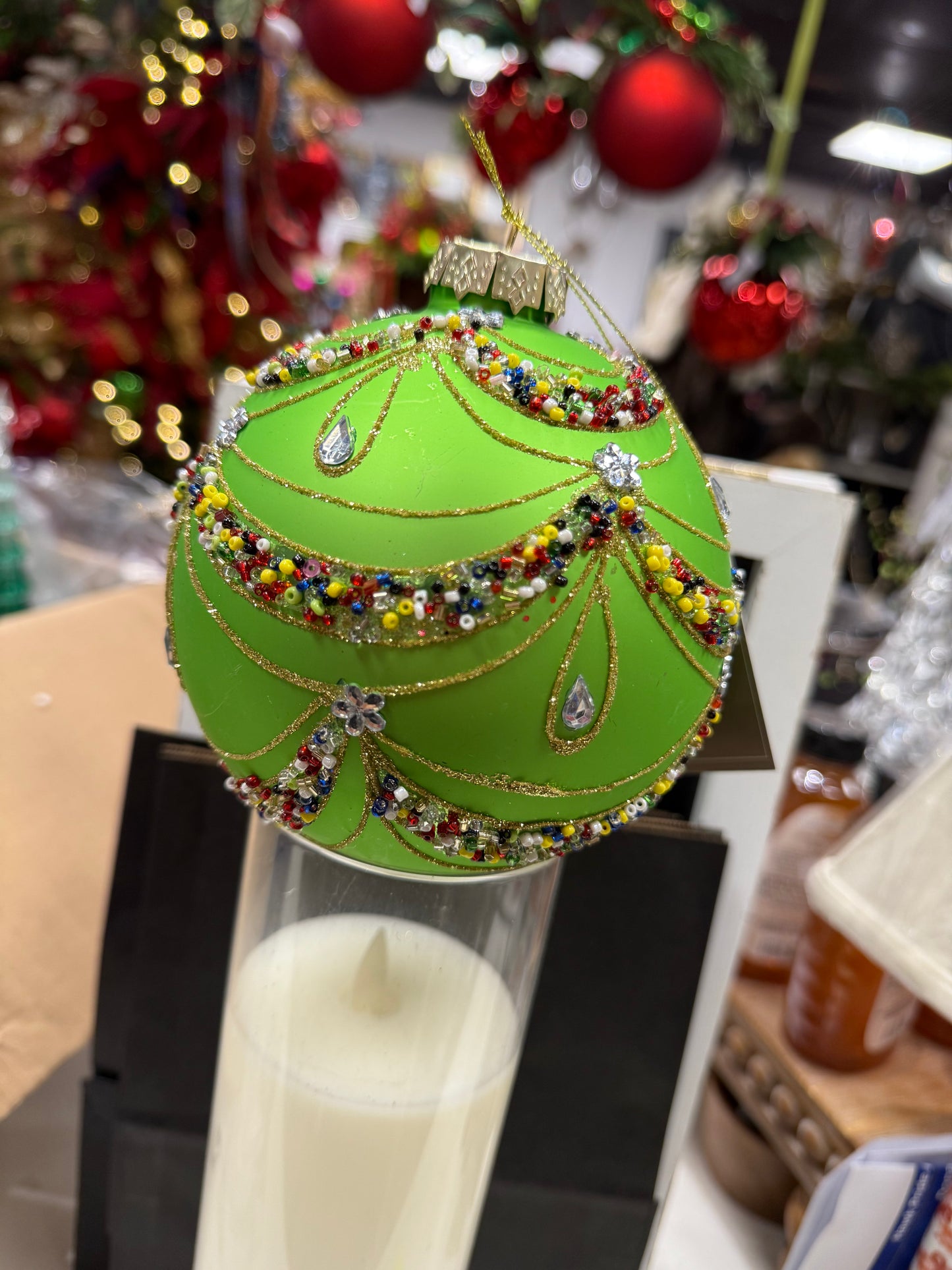 120mm Beaded Green Ornament - glass