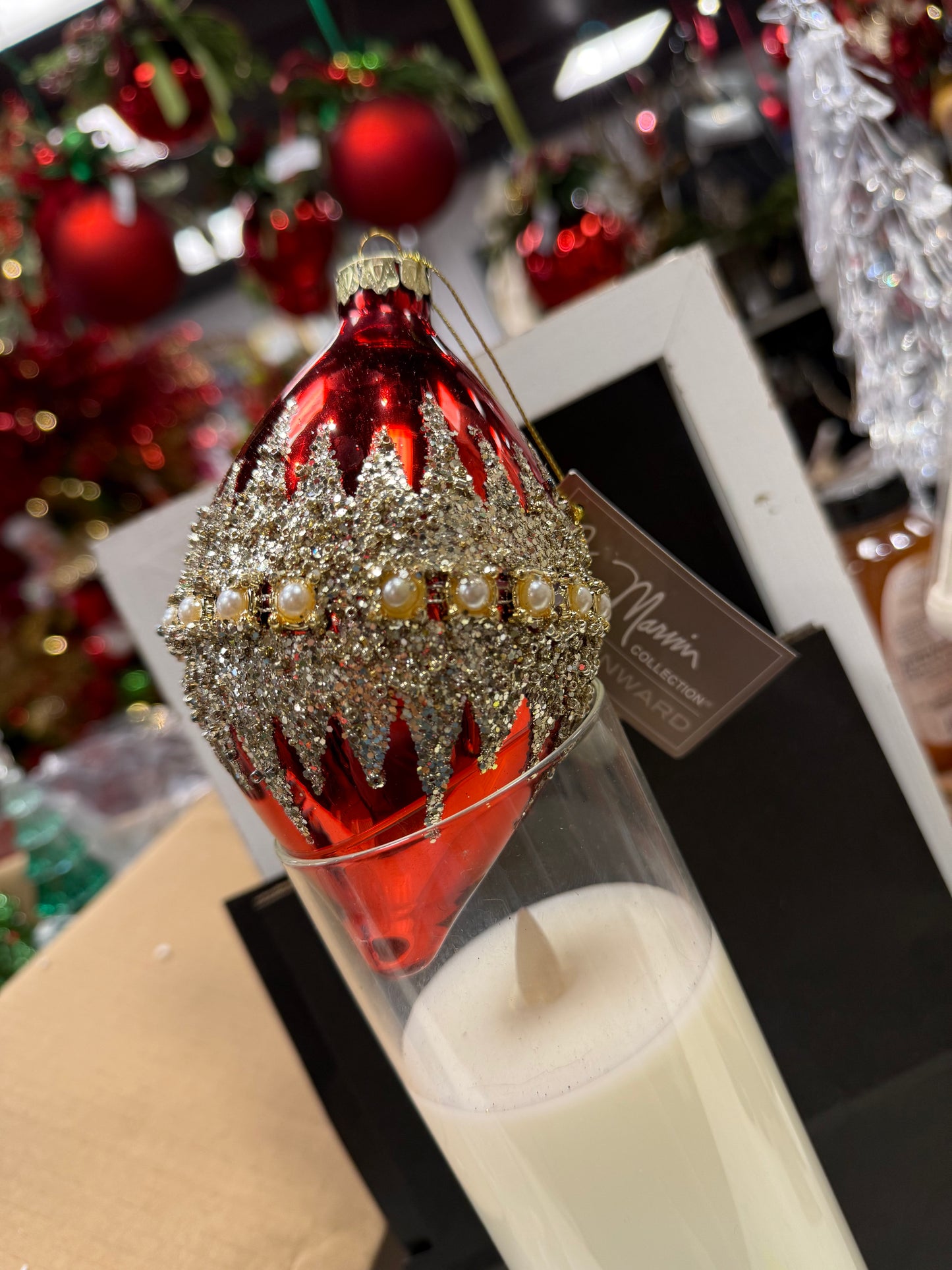 6” Red Glitter Pearl Band Ornament - glass