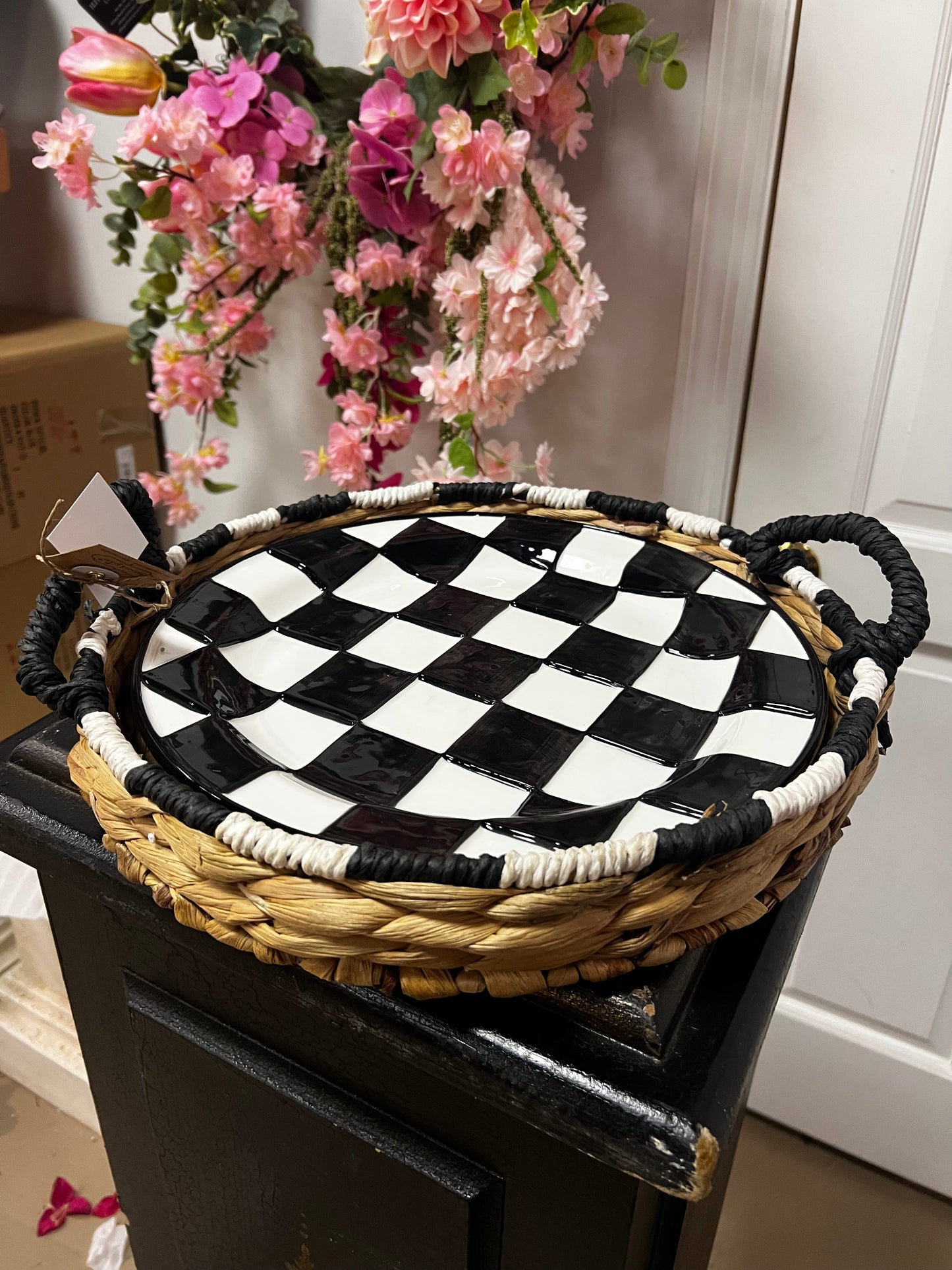 Black & White Check Platter and Basket Set
