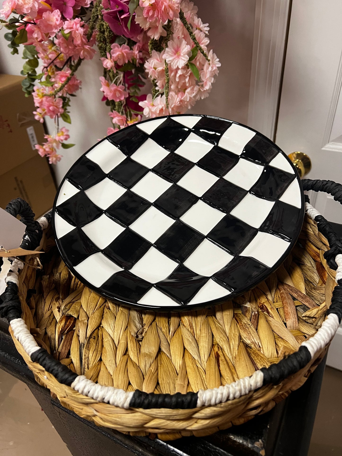 Black & White Check Platter and Basket Set