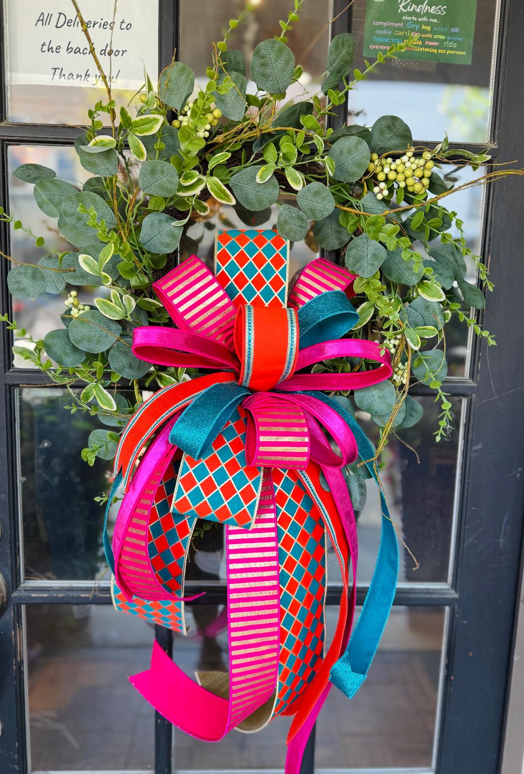 Twiggy Mixed Greenery Wreath with Pink and Blue Designer Bow