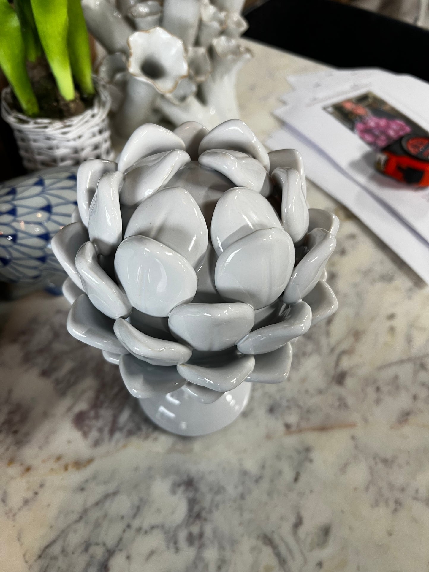 9” White ceramic artichoke sculpture
